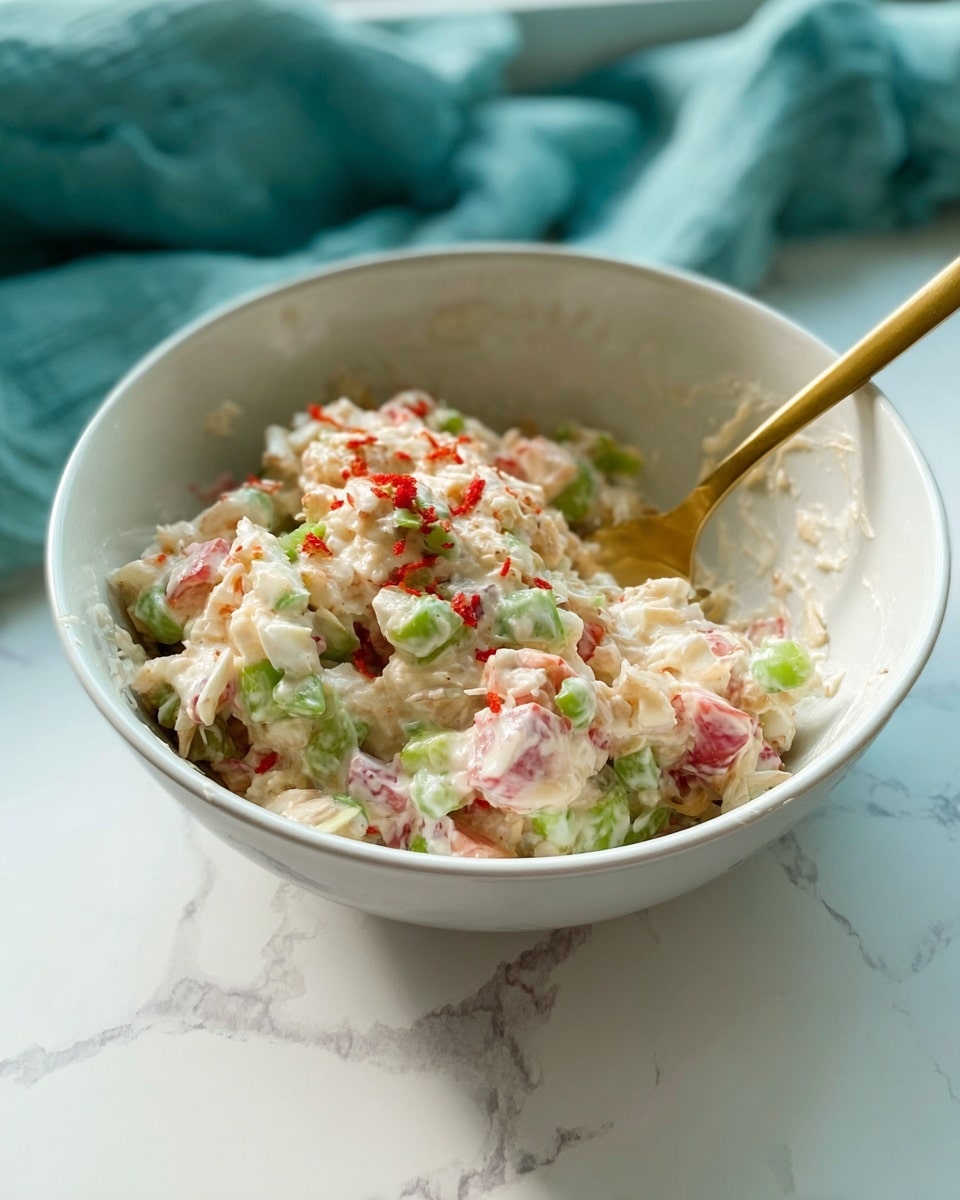 A white bowl on a white marbled surface holds a mixed dish with three visible layers: the base layer is light and creamy with small pink and white chunks, the middle layer is scattered with bright green pieces that look like chopped vegetables, and the top layer has more cream and small red bits spread evenly throughout. A shiny, golden spoon rests inside the bowl, touching the mixture. In the background, there is a soft teal fabric slightly out of focus. Photo taken with an iphone --ar 4:5 --v 7