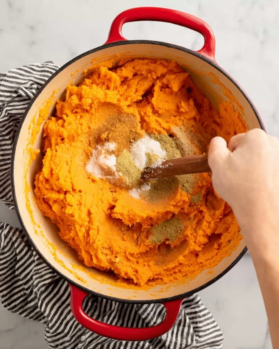 A close-up view of a large round pot with a cream inside and orange outside, filled with mashed orange sweet potatoes. The woman’s hand is stirring in the center with a wooden spoon, mixing in light yellow dry spices and white granulated salt. The pot has red handles and sits on a white marbled surface with a striped black and white cloth nearby. The texture is rough and chunky, showing layers of mashed sweet potatoes with some spices on top, focused in the middle of the pot. photo taken with an iphone --ar 4:5 --v 7