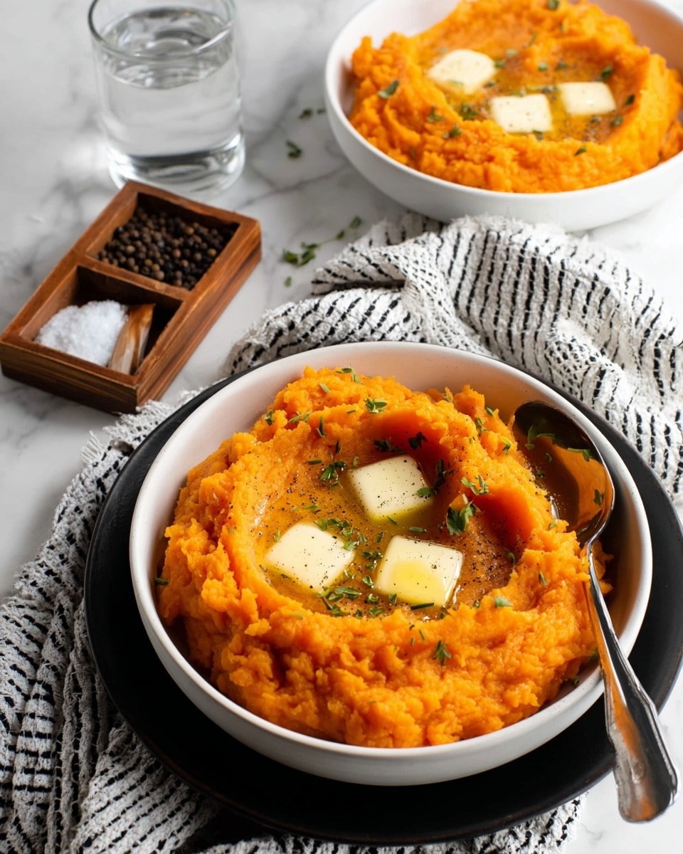The image shows a bowl of orange mashed sweet potatoes with a soft, slightly chunky texture, sitting inside a white bowl placed on a black plate. There are two small dollops of yellow butter melting on top, along with a drizzle of golden oil and some green herb sprinkles scattered on the surface. A woman's hand is holding a golden spoon, scooping a bit from the edge of the bowl. Around the bowl, there is a white marbled surface with accents like a woven coaster holding a light blue glass of water, a striped black and white cloth, and a small wooden dish containing salt and pepper. Photo taken with an iphone --ar 4:5 --v 7