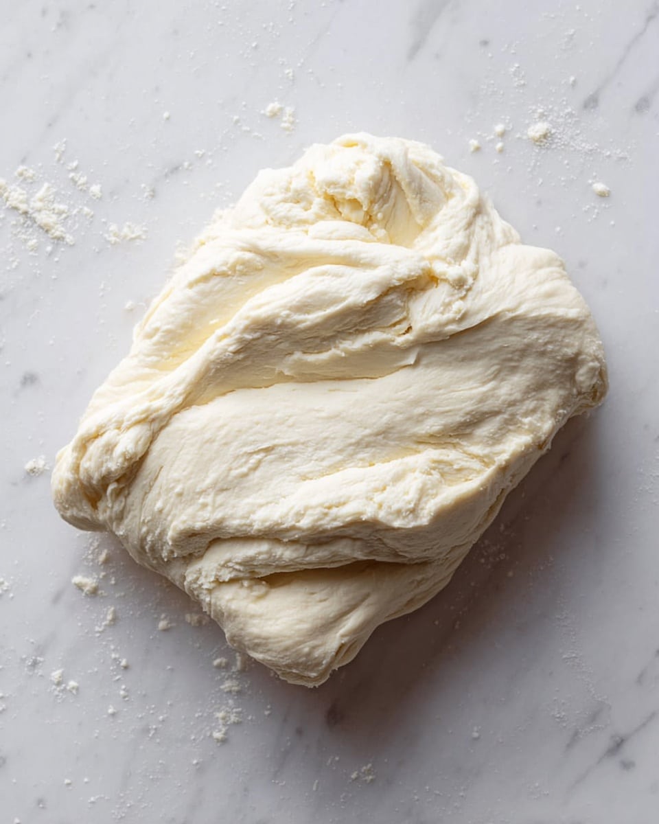 A soft, thick white dough is folded over itself several times, showing a creamy and smooth texture with slight unevenness on the surface. The dough rests directly on a white marbled surface with a few small crumbs scattered around it, giving a natural and fresh look. The lighting highlights the dough's pale color and soft folds, making it look fresh and pliable photo taken with an iphone --ar 4:5 --v 7