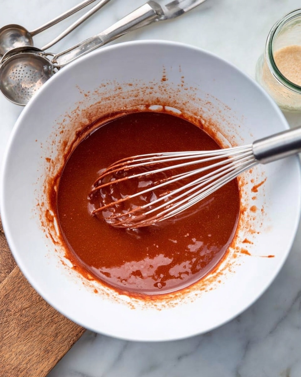 A white bowl filled with a thick, smooth reddish-brown chocolate batter or sauce, with some splashes and streaks around the inside edge of the bowl. A metal whisk with a long handle is resting inside the mixture, with some batter clinging to the wires. The bowl is placed on a white marbled surface, and nearby there are metal measuring spoons and a small glass jar with some light-colored residue inside. photo taken with an iphone --ar 4:5 --v 7