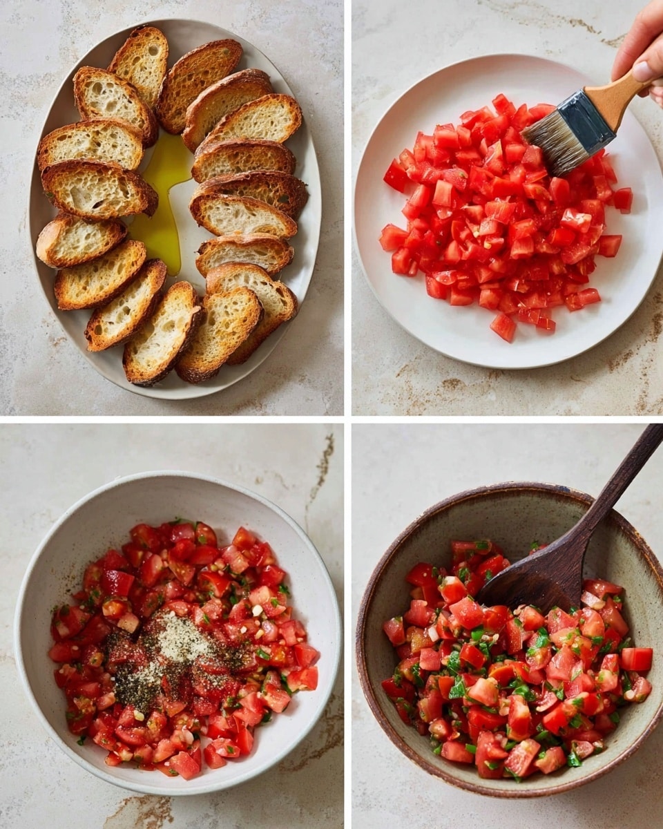 A set of four images arranged in a square, shown on a white marbled surface. The top left image shows a white oval plate holding around ten slices of toasted bread, some with a glossy olive oil brushed on top with a brown brush held by a woman's hand. The top right image features a white round plate with a pile of small, bright red diced tomatoes in the center. The bottom left image presents a white bowl filled with diced tomatoes, chopped garlic, fresh green basil leaves, ground black pepper, and salt, with a dark wooden spoon resting inside. The bottom right image shows the bowl after the ingredients are mixed, revealing a colorful, textured tomato salad with visible green herbs and garlic bits mixed throughout, with the wooden spoon still in the bowl. photo taken with an iphone --ar 4:5 --v 7