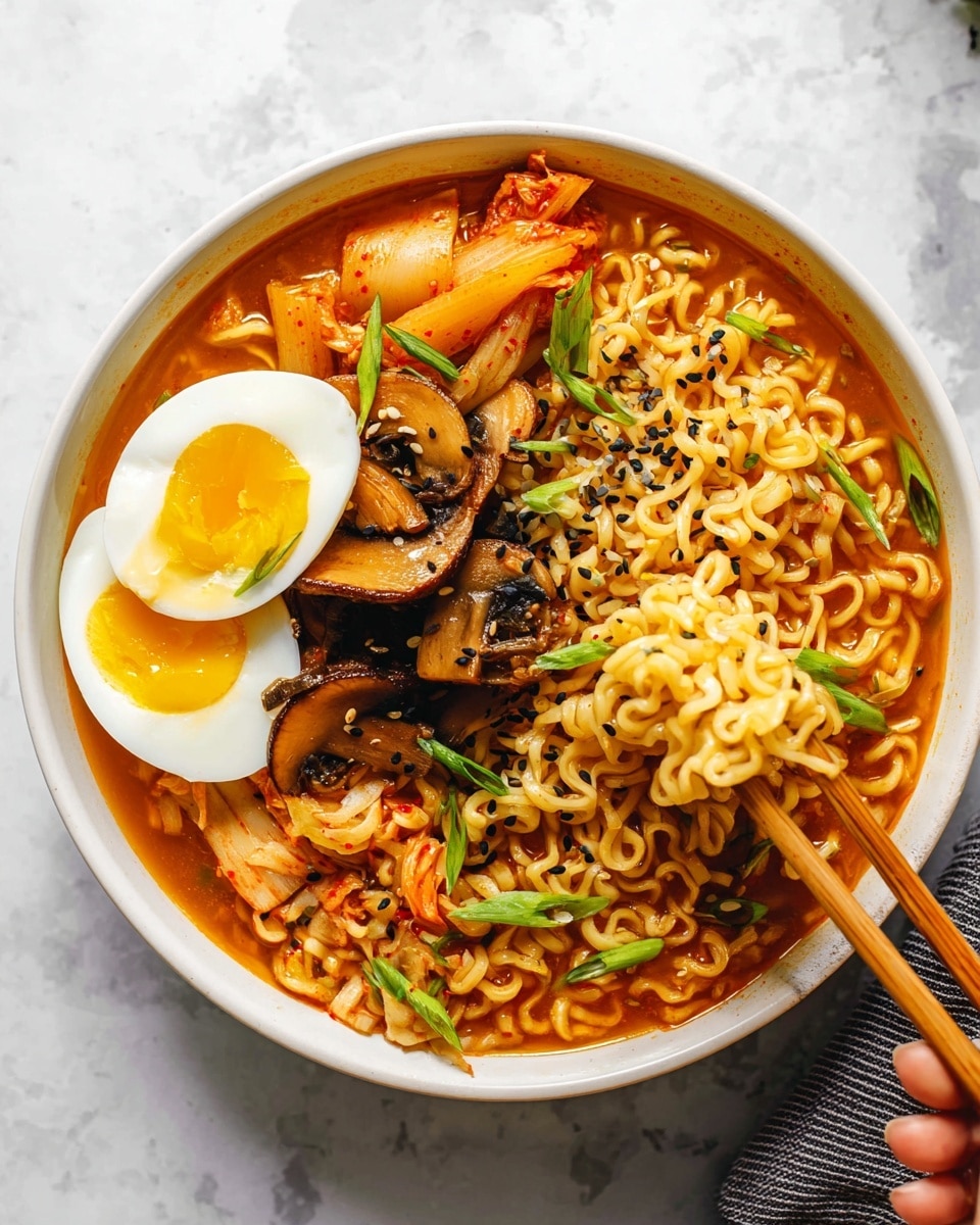 A white bowl filled with a spicy orange broth holding soft, curly yellow noodles as the base layer, topped with two halves of a hard boiled egg with bright white and solid yellow yolk, dark brown cooked shiitake mushrooms placed in the center, sprinkled with small black sesame seeds across the top. Bright green chopped spring onions are scattered over the noodles, with kimchi adding a reddish-orange accent underneath parts of the noodles. Wooden chopsticks held by a woman's hand lift a cluster of noodles from the right side of the bowl, all placed on a white marbled surface. photo taken with an iphone --ar 4:5 --v 7