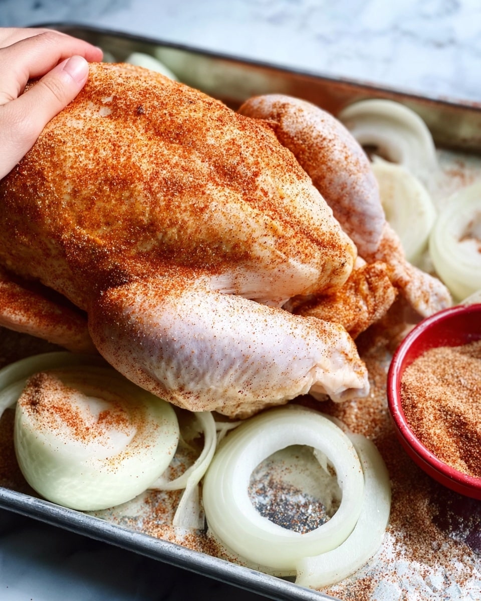 A close-up image shows a white whole chicken held by a woman's hand, covered with a dry spice mix including reddish and light brown powders. Underneath the chicken are several white onion rings scattered across a shiny silver baking tray. In the top right corner, there is a small red-rimmed bowl filled with the same spice mix. The background is a white marbled texture. photo taken with an iphone --ar 4:5 --v 7