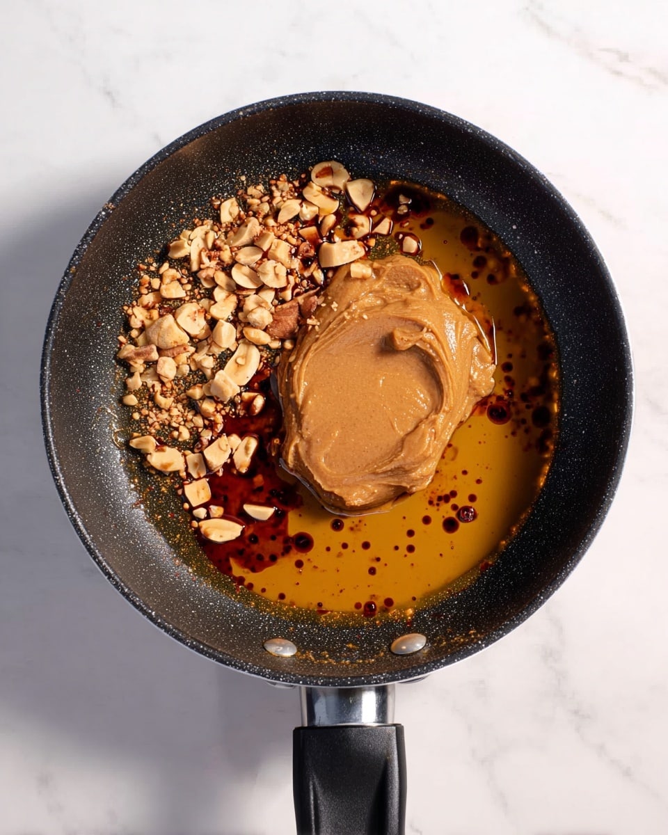 The image shows a small black frying pan with a black handle placed on a white marbled surface. Inside the pan, there are four main visible layers: a large dollop of thick, smooth brown paste positioned on the right side; a pool of shiny, golden liquid surrounding the paste, spreading slightly towards the center; scattered chunks of light brown chopped nuts spread mostly along the top half of the pan; and droplets of darker red-brown sauce scattered on top of the golden liquid, adding contrast and texture. The lighting shows clear reflections on the shiny surfaces, emphasizing the different consistencies and colors. Photo taken with an iphone --ar 4:5 --v 7