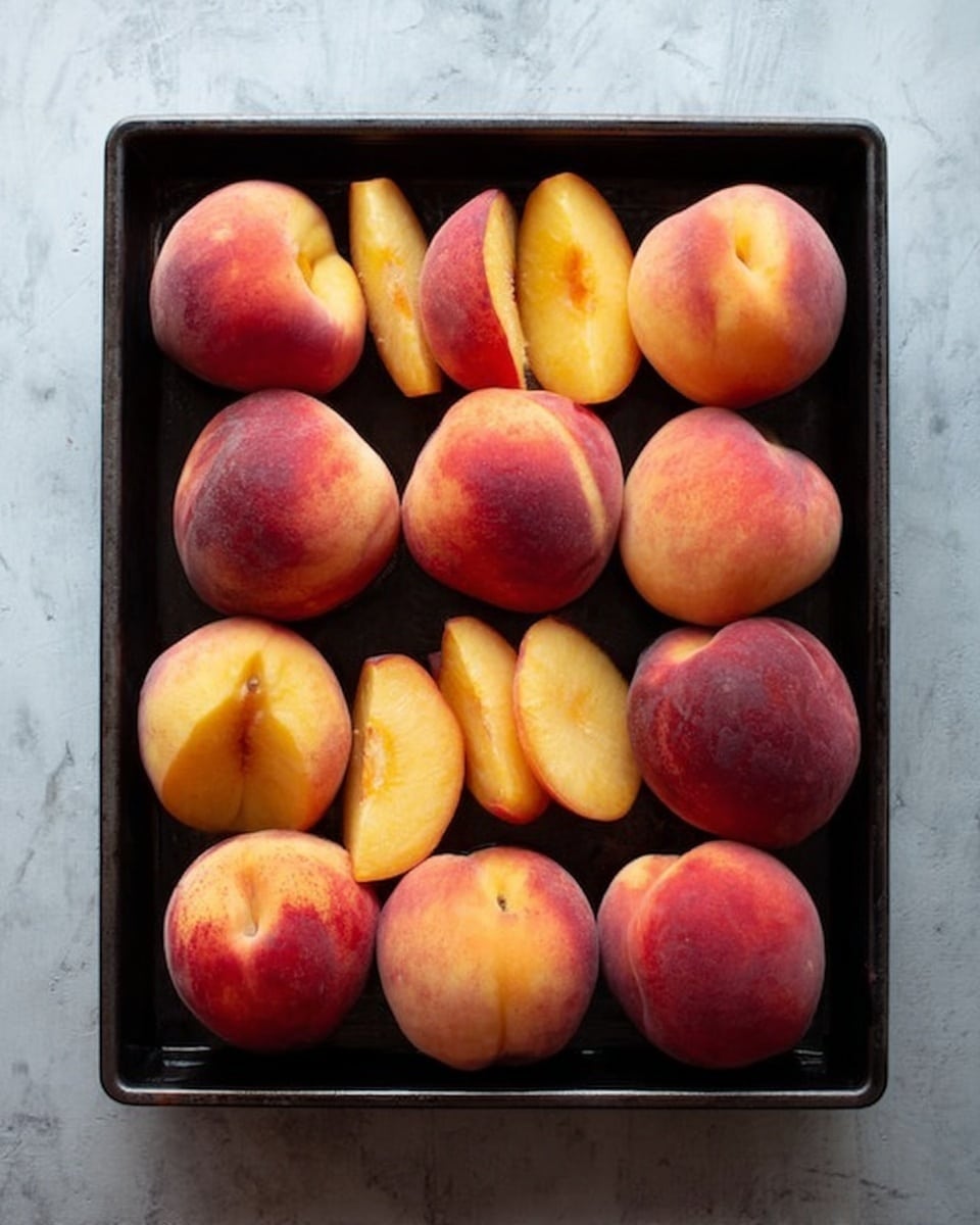 A black rectangular baking tray filled with two rows of whole and half peaches. The peaches have a soft skin with colors ranging from deep red to pale orange and light yellow. The peaches are positioned close together, with some showing the rounded whole side and others showing the flat side where they are halved. The tray sits on a surface with a white marbled texture. photo taken with an iphone --ar 4:5 --v 7