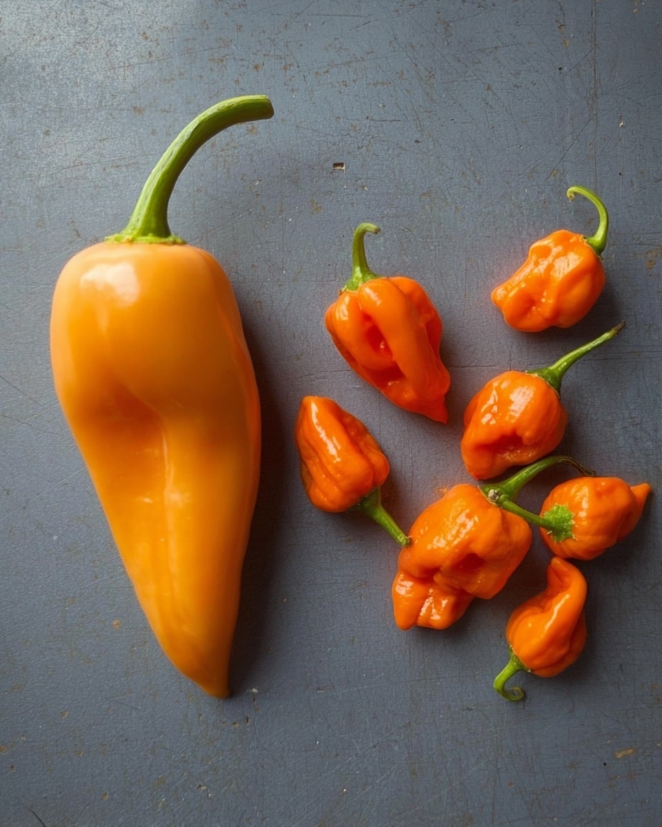 The image shows a large orange pepper on the left side with a smooth, glossy skin and a green stem, next to six smaller wrinkled orange peppers with green stems scattered loosely on the right. All peppers rest on a plain, dark gray metal surface that contrasts with their bright colors. The larger pepper is elongated and shiny, while the smaller ones have more textured, irregular shapes and deeper orange tones. photo taken with an iphone --ar 4:5 --v 7