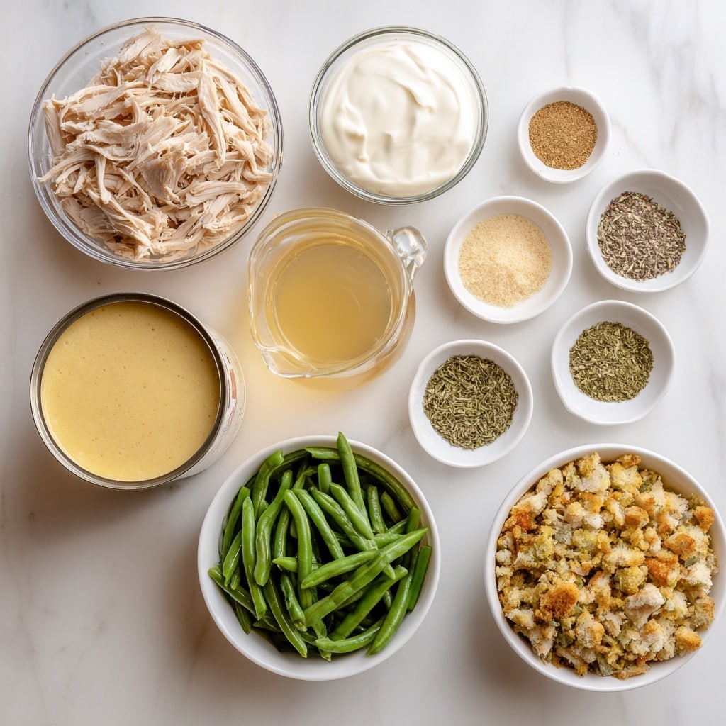 The image shows various ingredients arranged on a white marbled surface. At the top left, there is a clear bowl filled with shredded light brown rotisserie chicken. To its right, a small white bowl contains smooth, white sour cream. Below that is a clear glass measuring cup filled with light yellow low sodium chicken broth. Two open soup cans sit underneath the chicken: one with creamy beige mushroom soup on the left and one with creamy yellow chicken soup on the right. To the right of the soup cans, three small white bowls hold dry ingredients: finely ground beige onion powder, dried green Italian seasoning, and a dollop of black pepper. Below, a clear bowl holds bright green frozen green beans with a frosty texture. Finally, at the bottom right, a white bowl contains a stuffing mix showing small golden and green bits. The composition is neat and clearly shows each ingredient separately. Photo taken with an iphone --ar 4:5 --v 7
