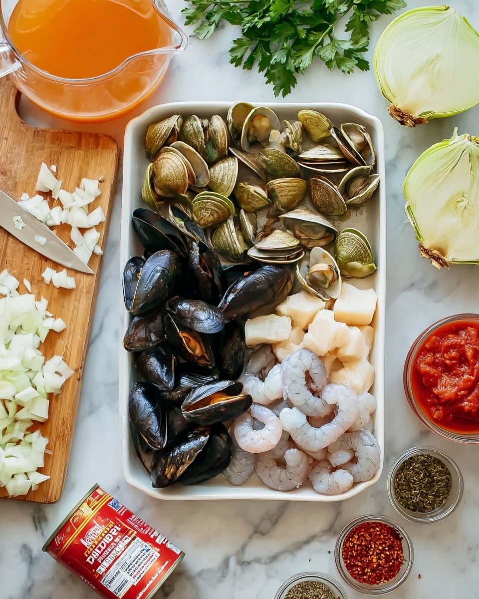 A white rectangular tray filled with fresh seafood arranged in four sections: green and brown clams placed on the top left, shiny black mussels piled in the center, round pale scallops grouped on the top right, and raw shrimp with heads and tails on the bottom right; white chunks of fish sit on the bottom left corner of the tray. Surrounding the tray on a white marbled surface are fresh green parsley, two halves of a pale fennel bulb at the top right, a clear glass jug with orange liquid to the left, a wooden cutting board with finely chopped white onions, a small knife, and several garlic cloves at the bottom left. Below the tray are a tube of red tomato paste, an opened can of chopped tomatoes, and small bowls of dried mixed herbs and spices. Photo taken with an iphone --ar 4:5 --v 7
