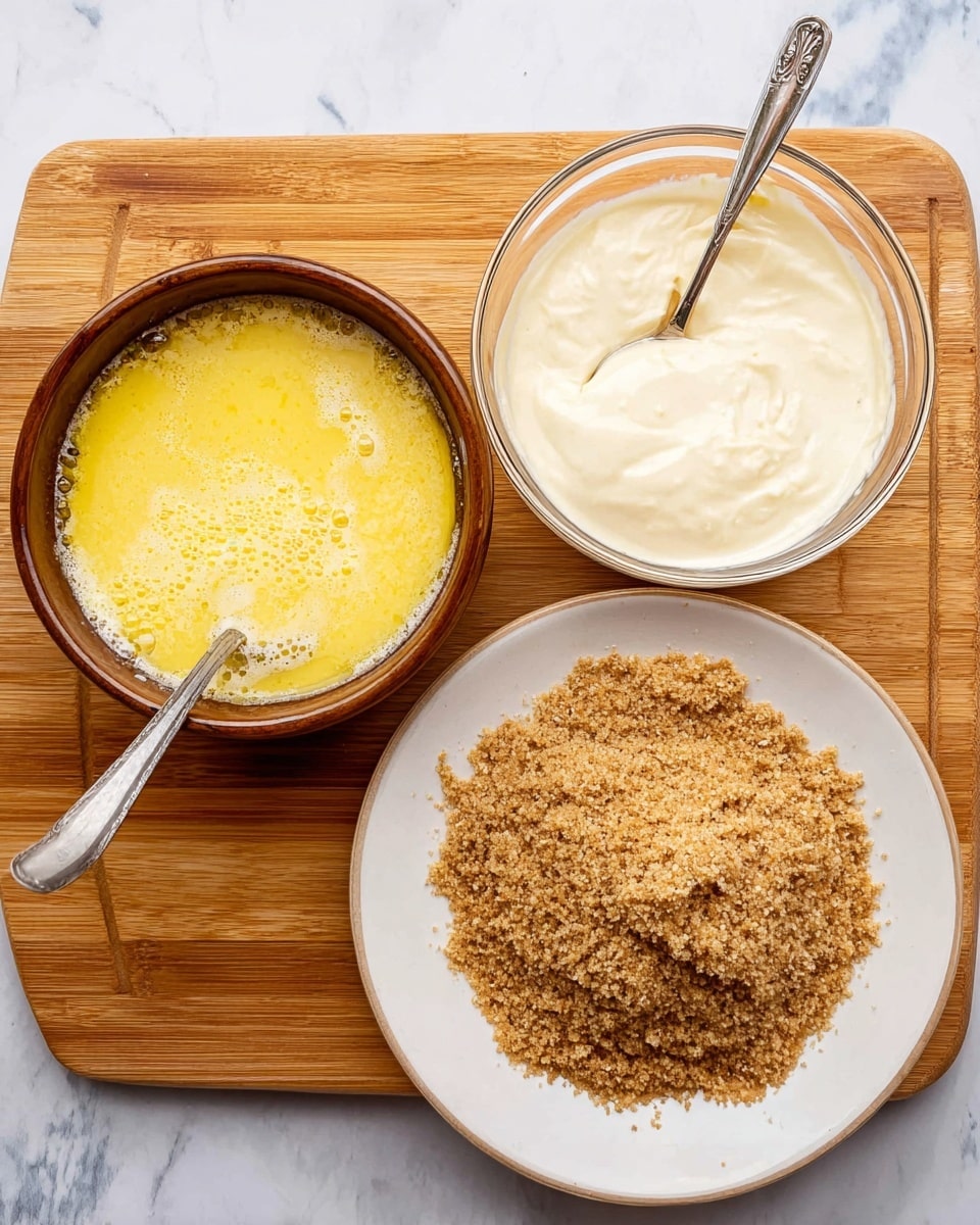 The image shows three containers placed on a wooden board over a white marbled surface. On the left, there is a brown bowl filled with a yellow egg mixture with some frothy bubbles, and a silver fork resting inside. At the top, a clear glass bowl holds a thick, creamy white mixture with a silver spoon in it. To the right, a white plate contains a spread-out layer of light brown bread crumbs that look finely ground. photo taken with an iphone --ar 4:5 --v 7