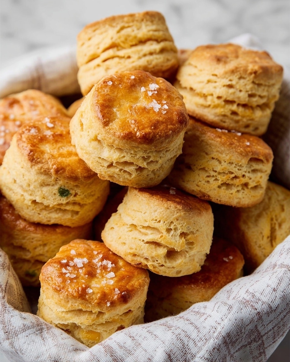 A basket lined with a white and grey checked cloth holds a pile of golden-brown biscuits, each showing layers of soft, flaky dough with a slightly shiny surface sprinkled with coarse salt. Some biscuits have hints of green herbs and small bits of cheese visible inside their layers, while others are plain with a smooth top and a light crust. The biscuits are stacked closely together, showing their thick, round shapes and textured edges, all resting on a white marbled surface. photo taken with an iphone --ar 4:5 --v 7