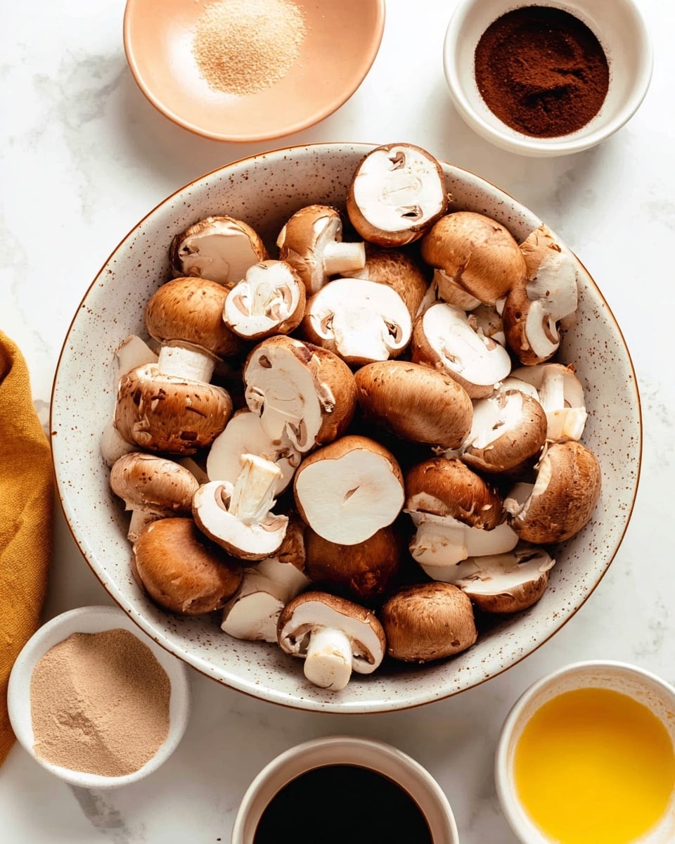 This image shows a large white speckled bowl filled with cut brown mushrooms, some showing their light brown caps and some showing the white inside with darker brown gills. Around the bowl, there are small white bowls and a peach-colored bowl. The peach-colored bowl contains three different powders in small piles: light beige, medium beige, and dark brown. A white bowl with a yellow liquid and a white bowl with a dark brown liquid are nearby. The surface underneath everything is a white marble texture. photo taken with an iphone --ar 4:5 --v 7