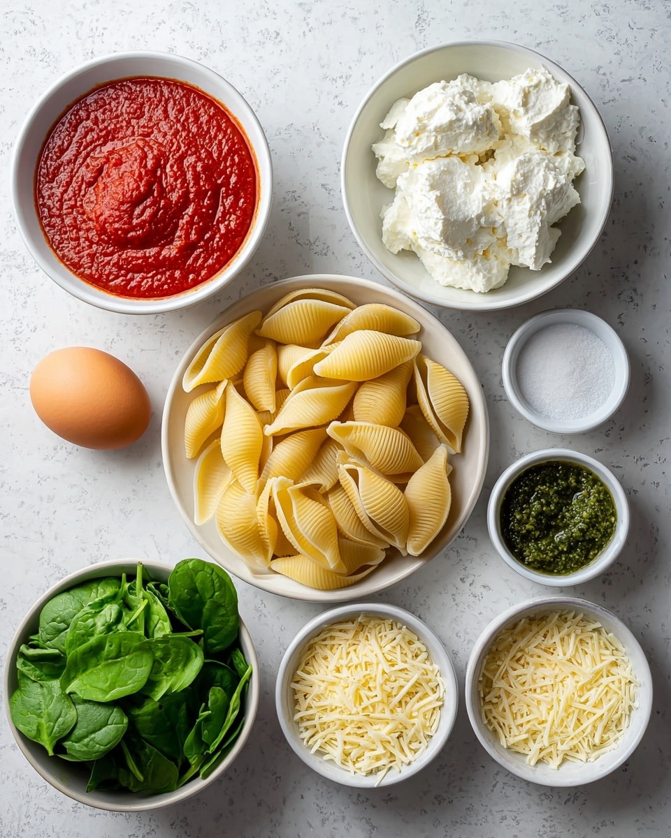 The image shows an overhead view of multiple bowls and ingredients arranged neatly on a white marbled texture. In the center, a white plate holds large, dry shell pasta with a pale yellow color and ridged texture. Above the pasta is a brown egg, to its left a small white bowl of salt, and to its right a medium white bowl filled with chunky white ricotta cheese. At the top left, a white bowl contains a thick, bright red tomato sauce with a slightly textured surface. Below it is a bundle of fresh green basil leaves. At the bottom left, a white bowl holds fresh spinach leaves with a vibrant green color. To the bottom right of the pasta, two small white bowls contain grated pale yellow mozzarella cheese and finely grated pale yellow Parmesan cheese. Above the cheeses, there is a small white bowl with green pesto sauce, showing a slightly oily texture. The setting is clean and well-lit, emphasizing the natural colors of the ingredients, photo taken with an iphone --ar 4:5 --v 7