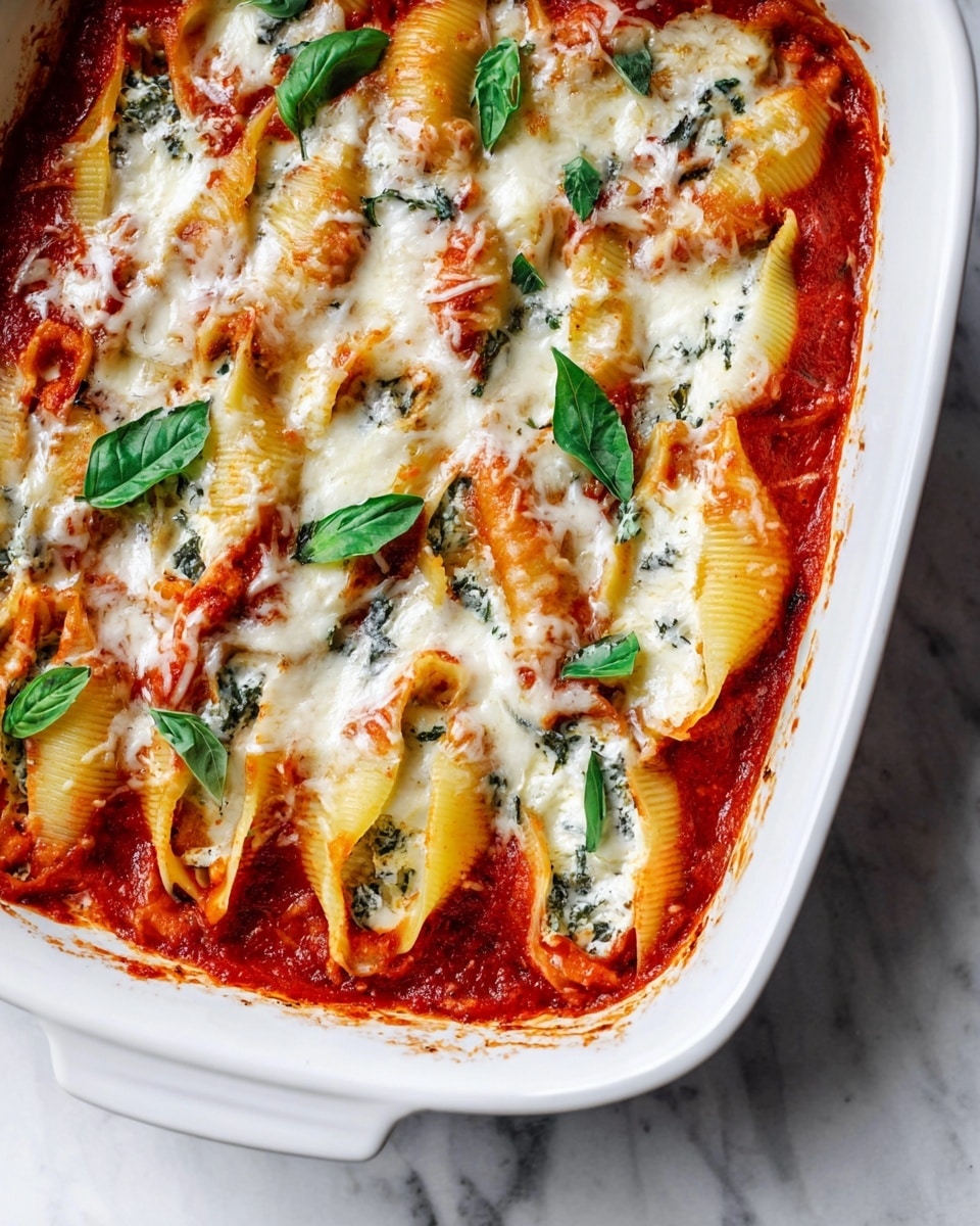 The image shows a white baking dish filled with three layers of stuffed pasta shells. The bottom layer is a rich red tomato sauce, spread evenly across the dish. On top of that, there is a layer of large pasta shells filled with a creamy white cheese mixture, visible through some openings. The top layer is covered with melted white mozzarella cheese that looks soft and slightly browned in places. Bright green basil leaves are sprinkled on top, adding a fresh contrast to the red and white colors. The baking dish sits on a white marbled surface. Photo taken with an iphone --ar 4:5 --v 7