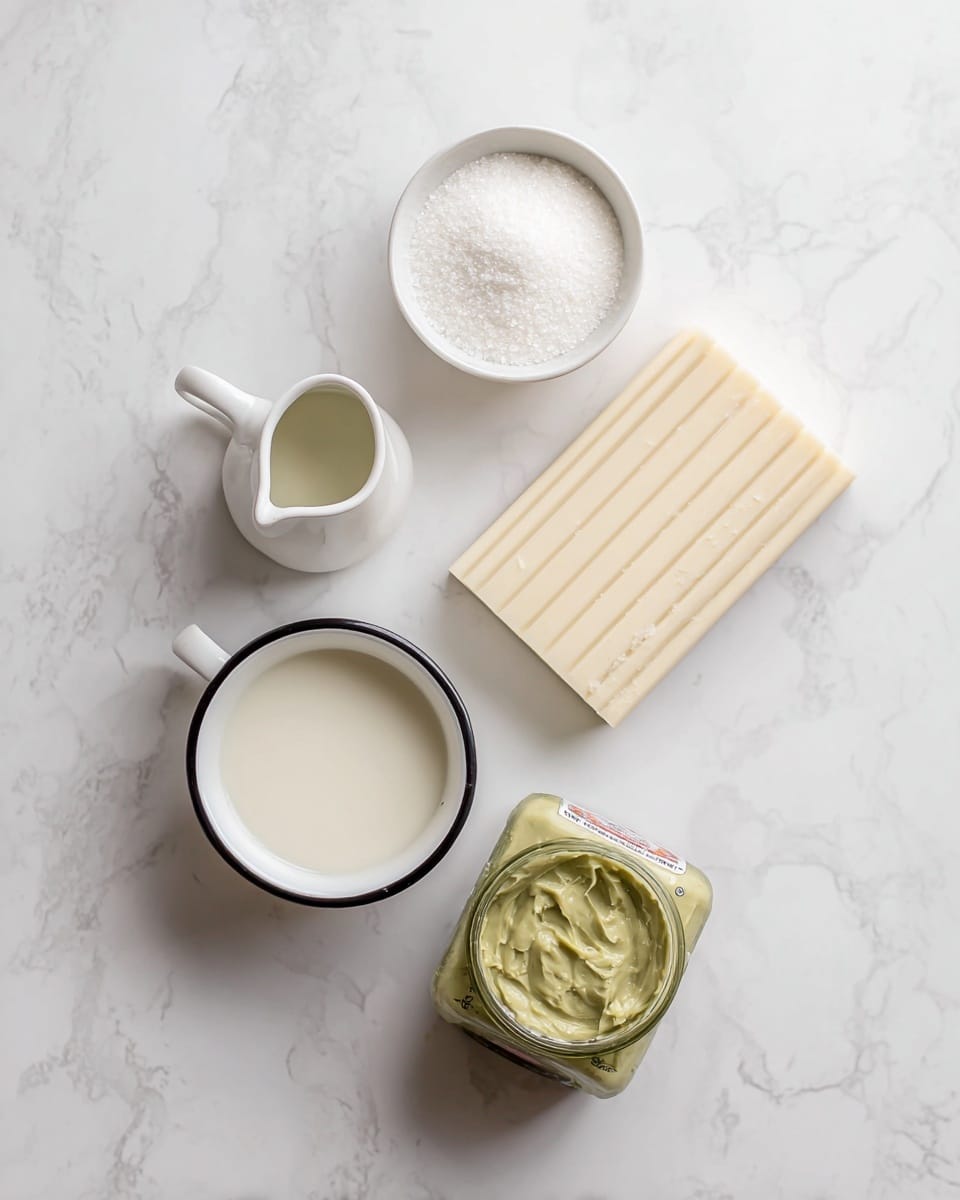 The image shows four main items arranged on a white marbled surface: at the top left is a small white bowl filled with white granulated sugar, at the center right is a rectangular light beige block with a ridged texture, below the block is a small white ceramic jug filled with milk, and at the bottom left is a bigger white bowl with a black rim filled with cream or milk. Near the center left is an open glass jar lying on its side, filled with pistachio spread, showing a pale green creamy texture inside. The scene is bright and clean, with all textures clearly visible, photo taken with an iphone --ar 4:5 --v 7