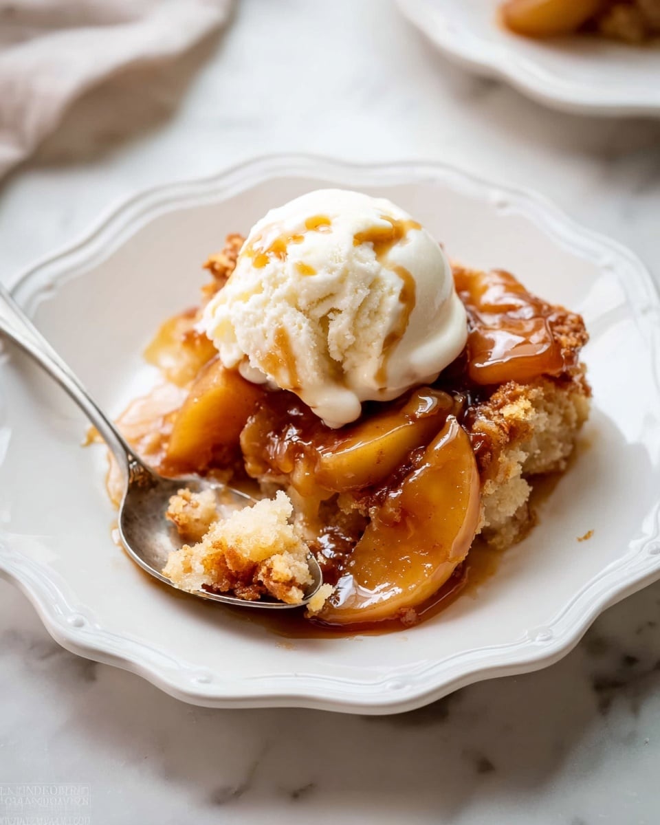 The image shows a white scalloped-edged plate with a warm apple dessert inside. The dessert has three layers: at the bottom, soft and moist cake-like crumbs can be seen in a light tan color; in the middle, slices of cooked golden-brown apples soaked in a shiny, sticky caramel sauce create a glossy texture; on top, a scoop of creamy white vanilla ice cream is melting slightly over the apples, adding softness and coolness. The plate sits on a white marbled surface with a metal spoon resting inside, holding a bit of the dessert with caramel sauce dripping. photo taken with an iphone --ar 4:5 --v 7