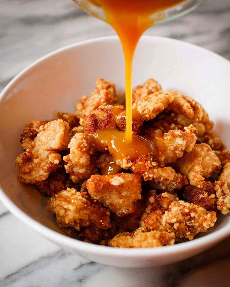The image shows a white bowl filled with many small pieces of fried chicken that are golden brown and crispy. An orange sauce is being poured over the fried pieces from above, creating a thin stream that adds a shiny wet layer on top of the crunchy chicken. The bowl is set on a white marbled surface, and the close-up shot focuses on the texture of the fried chicken and the bright sauce being added. photo taken with an iphone --ar 4:5 --v 7