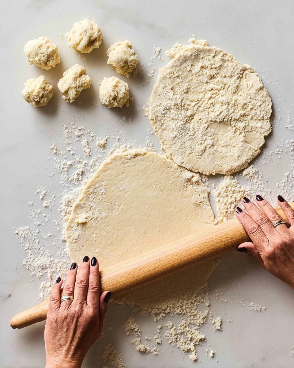 A pair of woman's hands with dark nail polish is rolling out pale dough on a white marbled surface using a wooden rolling pin. The dough is soft and slightly crumbly with some flour scattered around. On the left side, there are six small, rough balls of dough waiting to be rolled out. Two flat rolled circles of dough lie on the surface, one being actively shaped by the rolling pin and the other resting below it. The scene shows the process of preparing dough for baking or cooking. Photo taken with an iphone --ar 4:5 --v 7