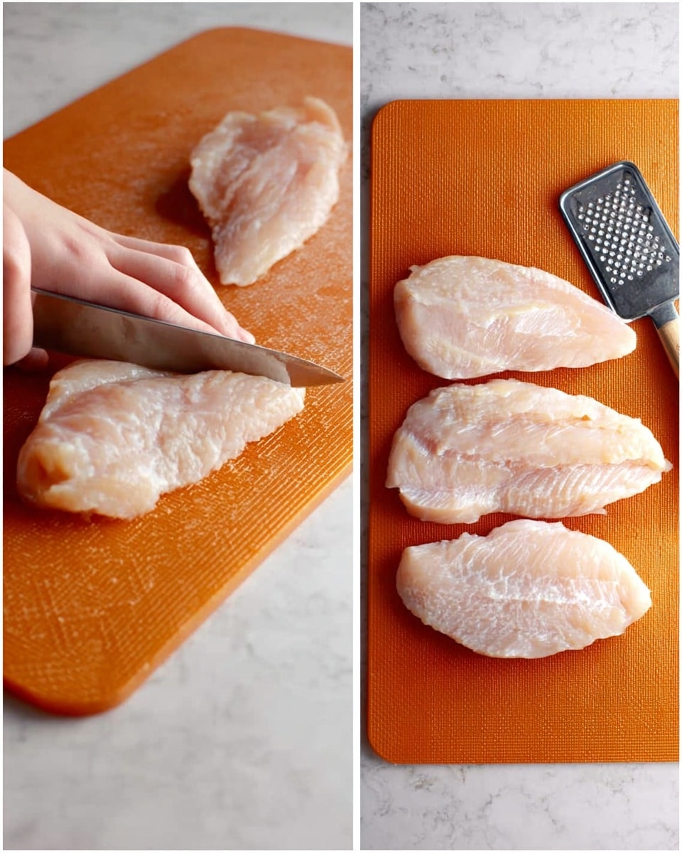 The image is split into two parts. On the left side, a woman's hand presses down on a thick piece of raw chicken on an orange cutting board, while a knife is placed under the chicken ready to slice or flatten it. The background shows a white marbled texture surface. On the right side, four flattened raw chicken pieces lie flat on the same orange cutting board, arranged side by side, showing a clear textured pattern on their surface from a metal meat mallet, which sits nearby to the right. The background remains the white marbled texture. photo taken with an iphone --ar 4:5 --v 7