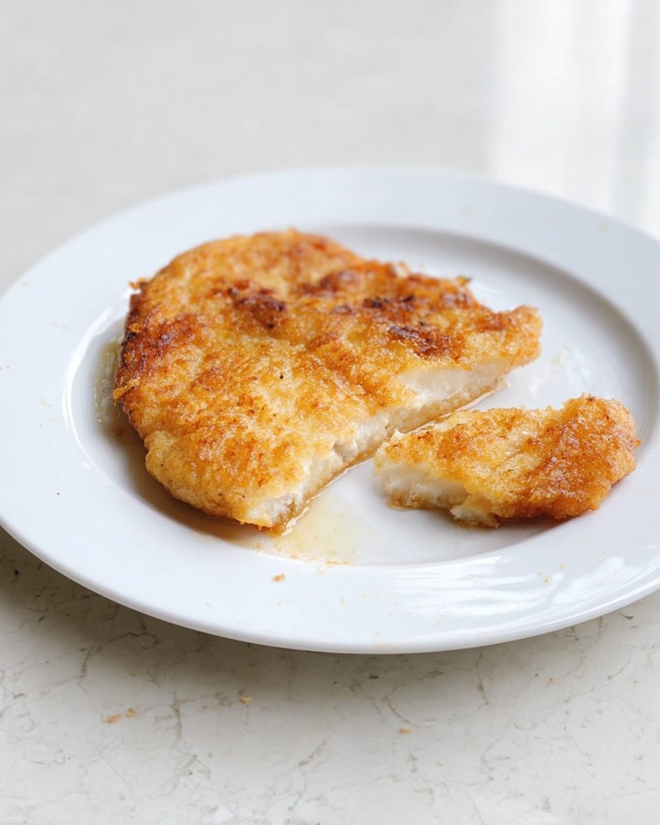 A white plate holds one large piece of golden brown fried food with a slightly rough and crispy texture on top, showing a white soft inside where a small piece has been separated and placed nearby on the plate. The plate sits on a white marbled surface. The food appears crispy and cooked evenly with a light shine from oil or butter. Photo taken with an iphone --ar 4:5 --v 7
