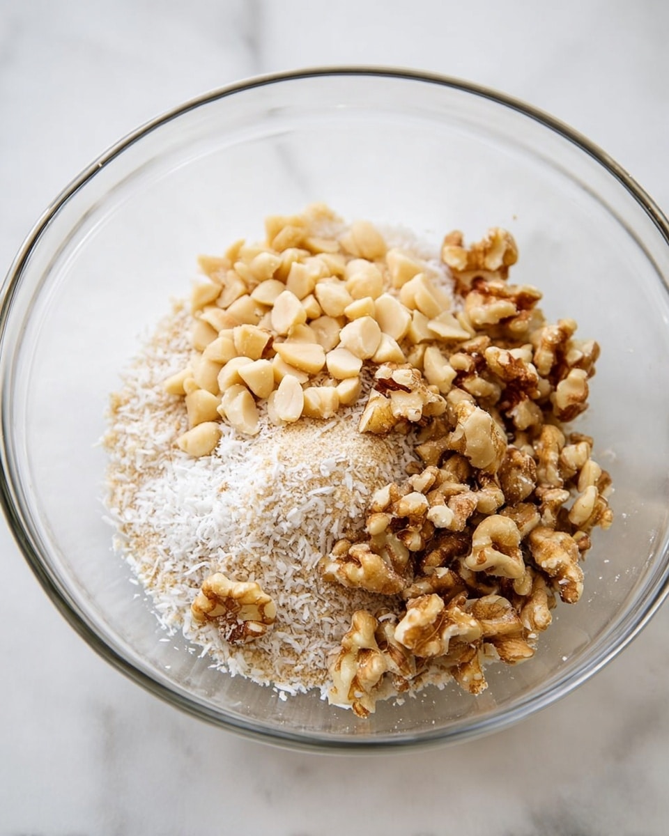 A clear glass bowl sits on a white marbled surface filled with three main layers of ingredients. The bottom layer is a fine, white shredded coconut with a soft, powdery texture. On top of that, to one side, is a cluster of chopped light beige macadamia nuts with a smooth, chunky texture. On the other side is a pile of golden-brown walnut pieces that have a rough, crinkled look, slightly overlapping the nuts and coconut. The bowl is well-lit by natural light, showing the different textures clearly. Photo taken with an iphone --ar 4:5 --v 7