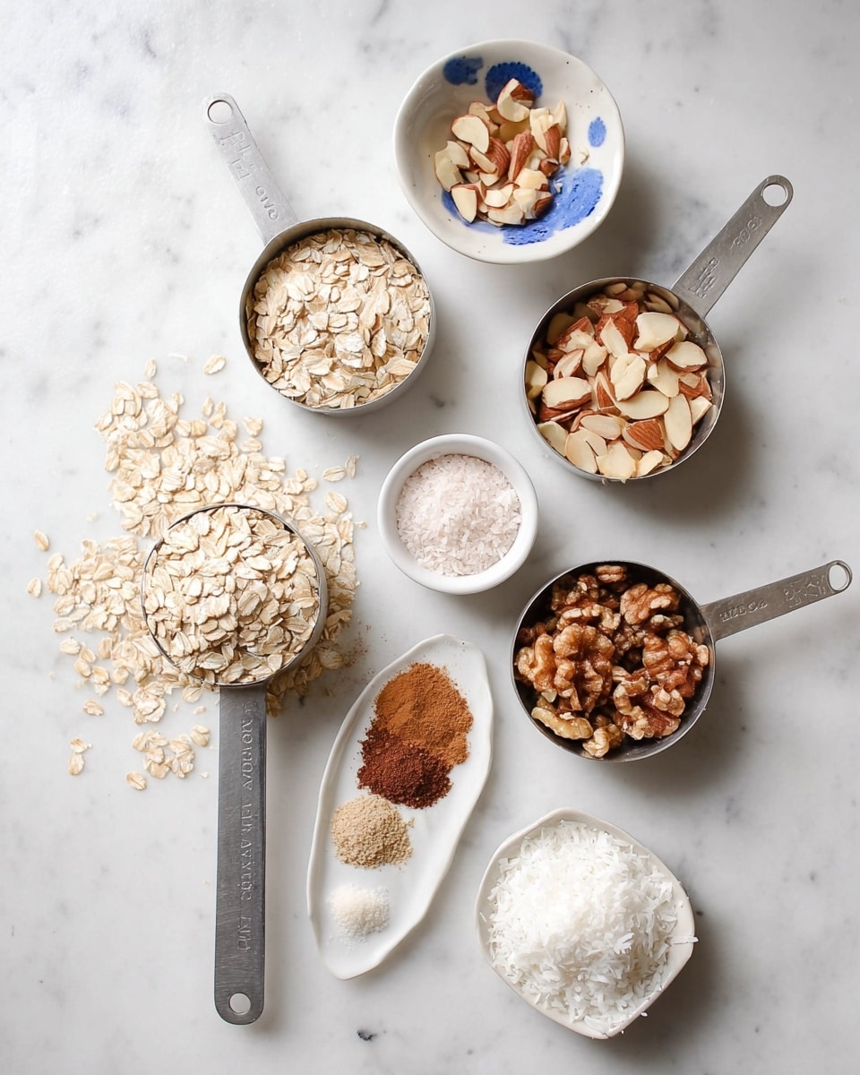 The image shows various measuring cups and small white bowls arranged on a white marbled surface, each filled with different ingredients. One metal measuring cup is filled with rolled oats, light beige and flat, with a few oats spilled around it. A white bowl with a blue splash on the edge contains chopped nuts of light brown and cream colors. Another metal measuring cup holds sliced almonds, thin and pale. A small round bowl has small white seeds, while an oval white bowl is divided into three sections showing light pink salt and two piles of ground cinnamon, brown in color. Another metal measuring cup holds walnut pieces, dark brown and uneven in texture. Finally, a small white bowl contains shredded coconut, fluffy and fine white in color. Photo taken with an iphone --ar 4:5 --v 7
