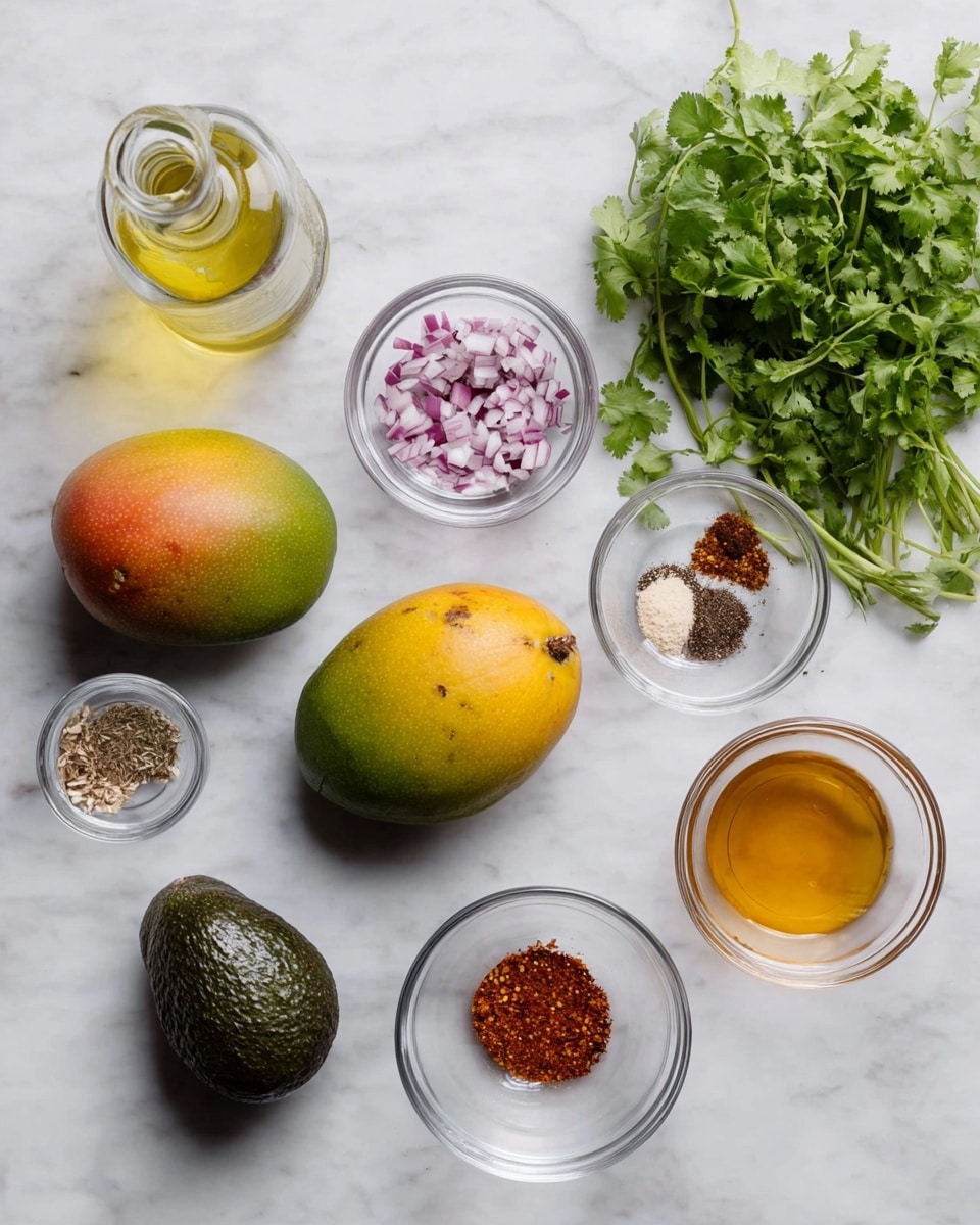 The image shows a white marbled surface with ingredients neatly arranged for a recipe. Two ripe mangoes with green and orange skin are placed in the center next to a dark green, textured avocado. Around them are small clear glass bowls: one with finely chopped red onions, another with ground brown spice, one containing a mix of salt, black pepper, and red chili powder, another with a translucent liquid, and a bowl of golden honey. A bunch of fresh green cilantro rests in a small clear bowl near the top, and a clear glass bottle with light yellow oil is also visible. The setup is clean and visually balanced, ready for cooking. photo taken with an iphone --ar 4:5 --v 7
