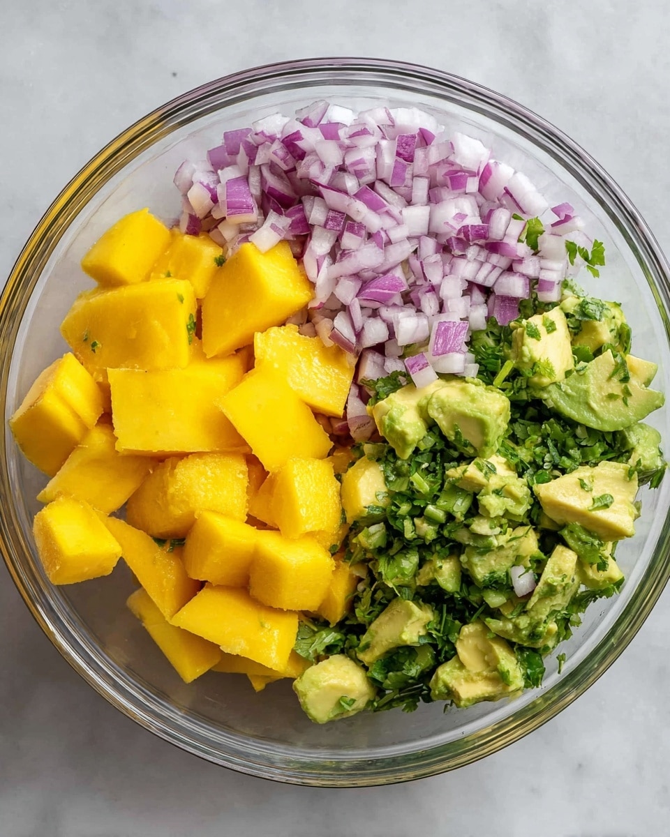 In a clear glass bowl placed on a white marbled surface, there are three main layers of ingredients. One layer is made of bright yellow mango cubes that are smooth and shiny. Next to it is a pile of light purple finely chopped red onion pieces with a slightly moist texture. The last layer shows light green, chunky pieces of avocado mixed with small bits of dark green cilantro leaves, creating a fresh and textured look. The colors are vibrant and well separated in the bowl. photo taken with an iphone --ar 4:5 --v 7