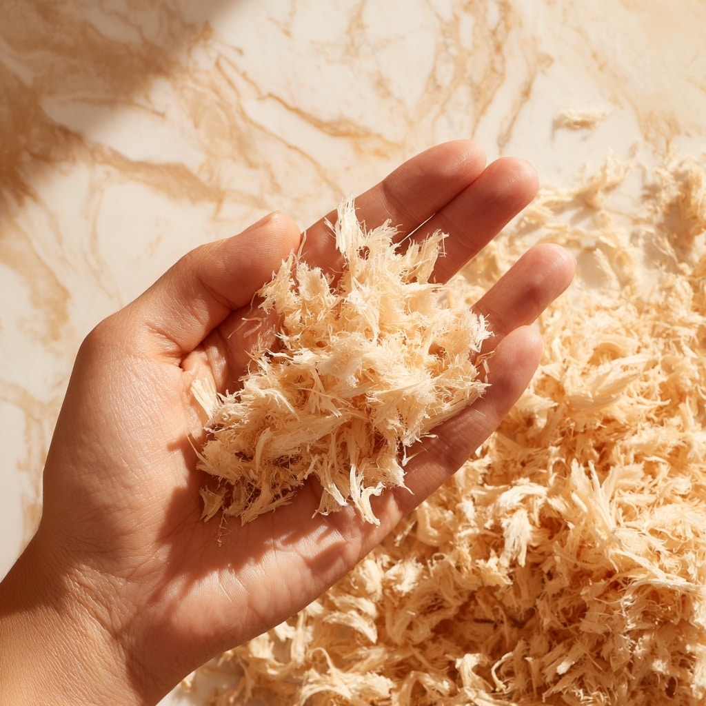 A close-up image shows a woman's hand holding a small pile of shredded, pale beige food that looks dry and fibrous. The shredded pieces are thin and irregular, with a rough texture. In the background, more of the same shredded food spreads out over a surface with a white marbled texture. The overall lighting gives a warm tone to the food and hand. photo taken with an iphone --ar 4:5 --v 7