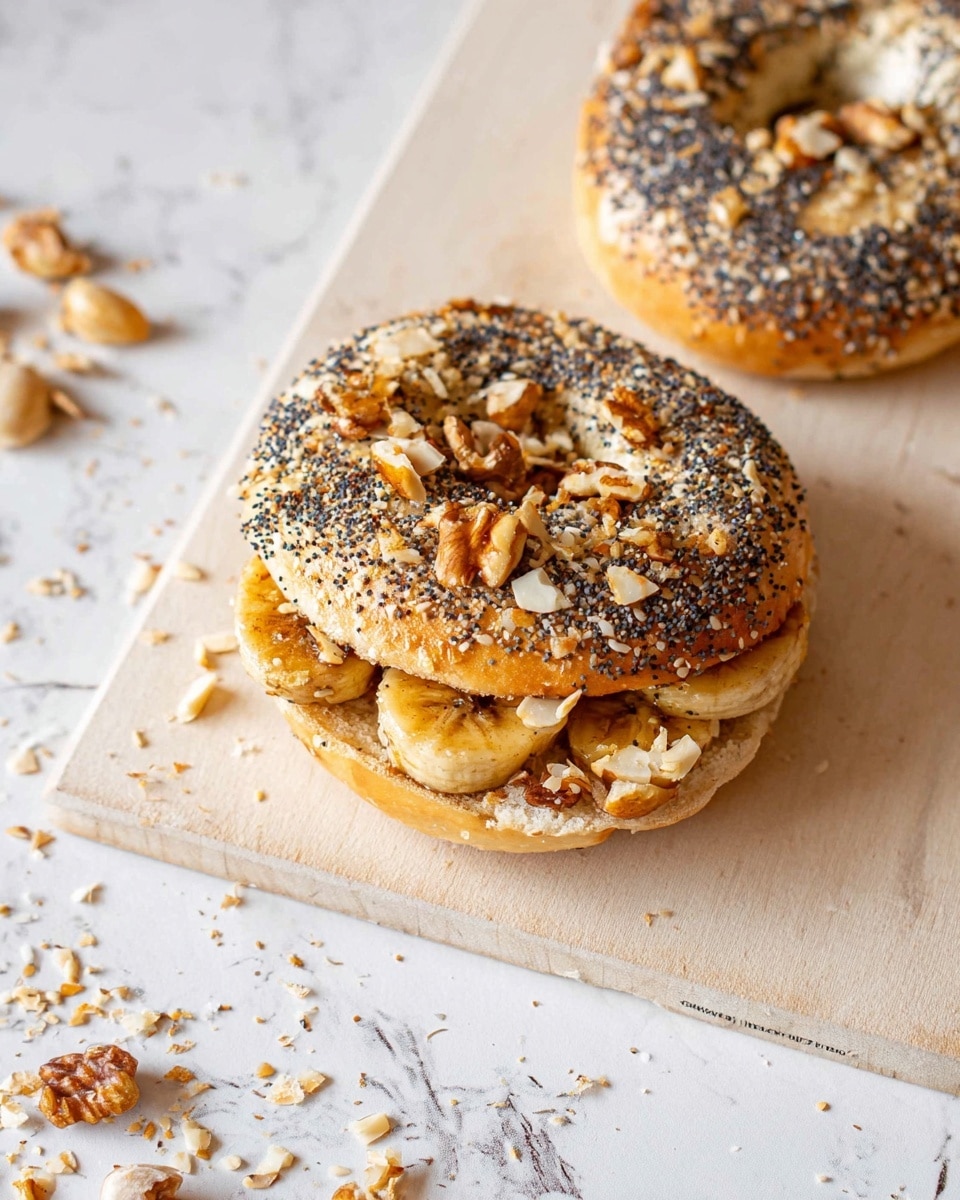 The image shows an everything bagel, sliced in half and placed on a light wooden board. The bagel top half is speckled with black and white sesame seeds, poppy seeds, and other seasonings. The bottom half is layered with golden brown cooked banana slices that have a slight caramelized look, topped with mixed nuts including slivered almonds and walnut pieces, and sprinkled with more seeds and seasoning for texture. The scene is set on a white marbled surface with scattered seeds around, creating a casual, rustic vibe. photo taken with an iphone --ar 4:5 --v 7
