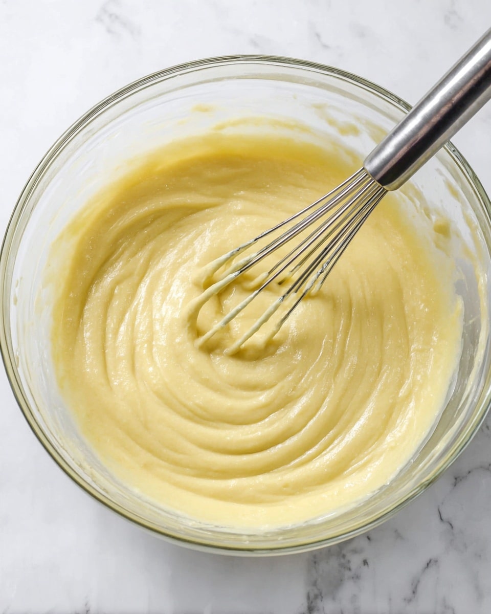 A clear glass bowl contains a smooth, thick, pale yellow batter being mixed with a silver metal whisk. The batter swirls evenly in the bowl with a creamy texture. The bowl rests on a white marbled surface with light grey veins running through it. The shiny whisk handle extends out of the bowl, with the wires coated in the batter. Photo taken with an iphone --ar 4:5 --v 7