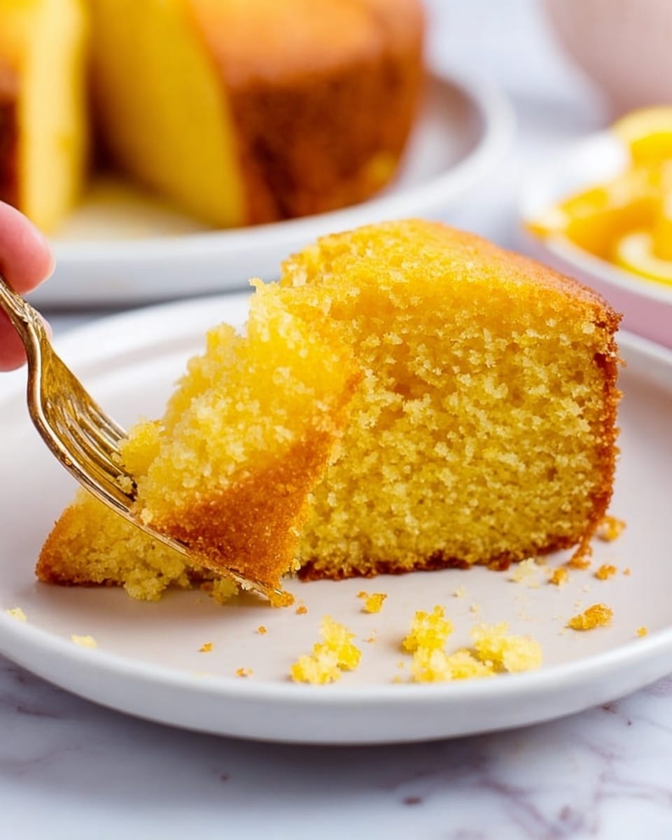A close-up view of a slice of yellow cornbread with a soft, crumbly texture on a white plate. The slice has a golden-brown crust on the outer edges and a moist, slightly grainy yellow inside. A woman’s hand holds a fork with a small piece of cornbread near the slice. There are few crumbs scattered around the plate. In the background, blurred, there are some cut yellow food pieces on another white plate and a white marbled surface. Photo taken with an iphone --ar 4:5 --v 7
