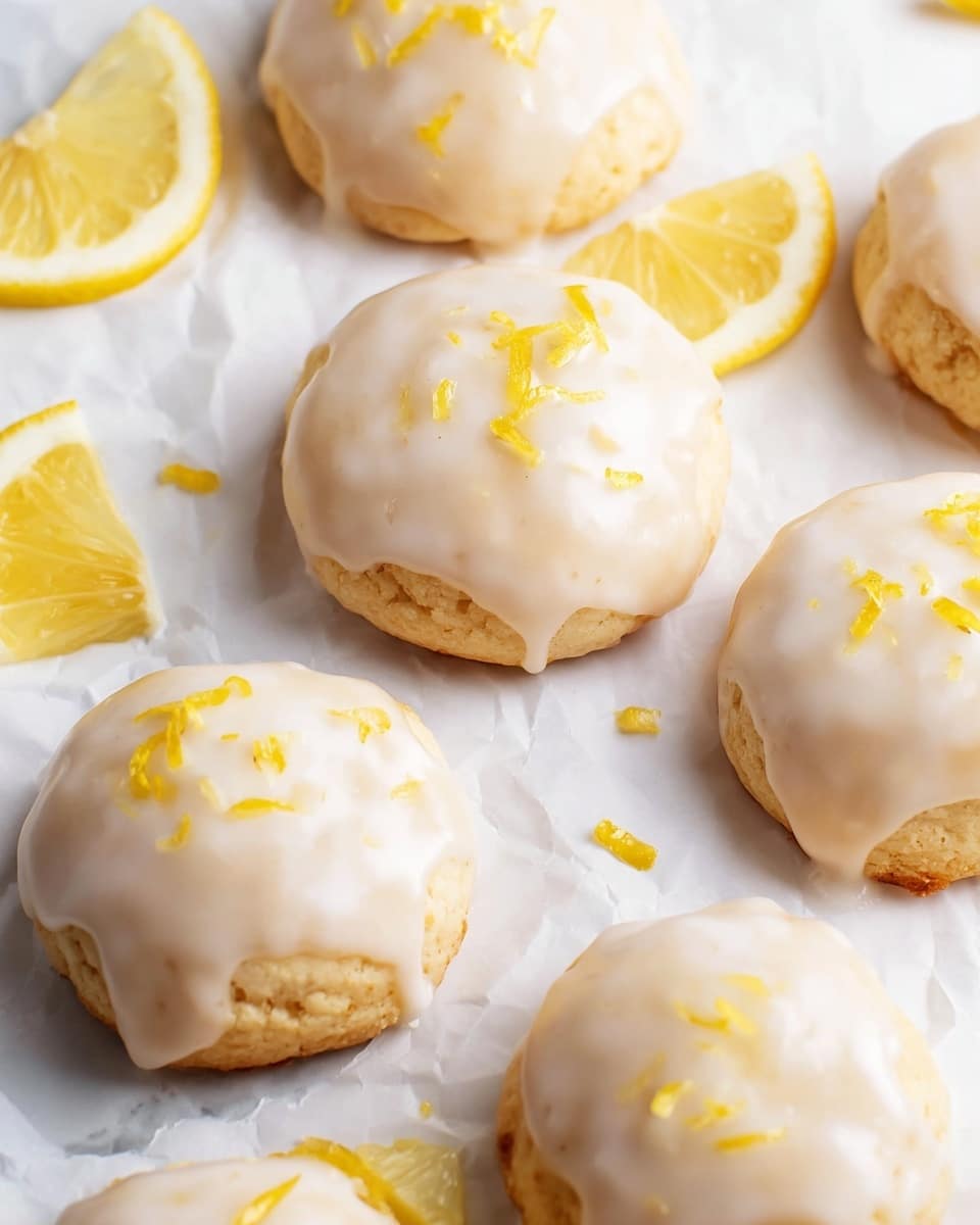 A white plate holds a pile of small, round lemon-glazed cookies with a shiny, smooth white icing that covers the top and sides, each cookie showing a pale golden color where the glaze thins. The cookies have a soft, slightly textured surface under the glaze, and some are sprinkled lightly with small bits of yellow lemon zest. Behind the plate, there are two lemon halves with bright yellow peel and juicy interior, placed on a white marbled surface. The overall look is fresh and bright, with the cookies stacked casually in a triangular shape. Photo taken with an iphone --ar 4:5 --v 7