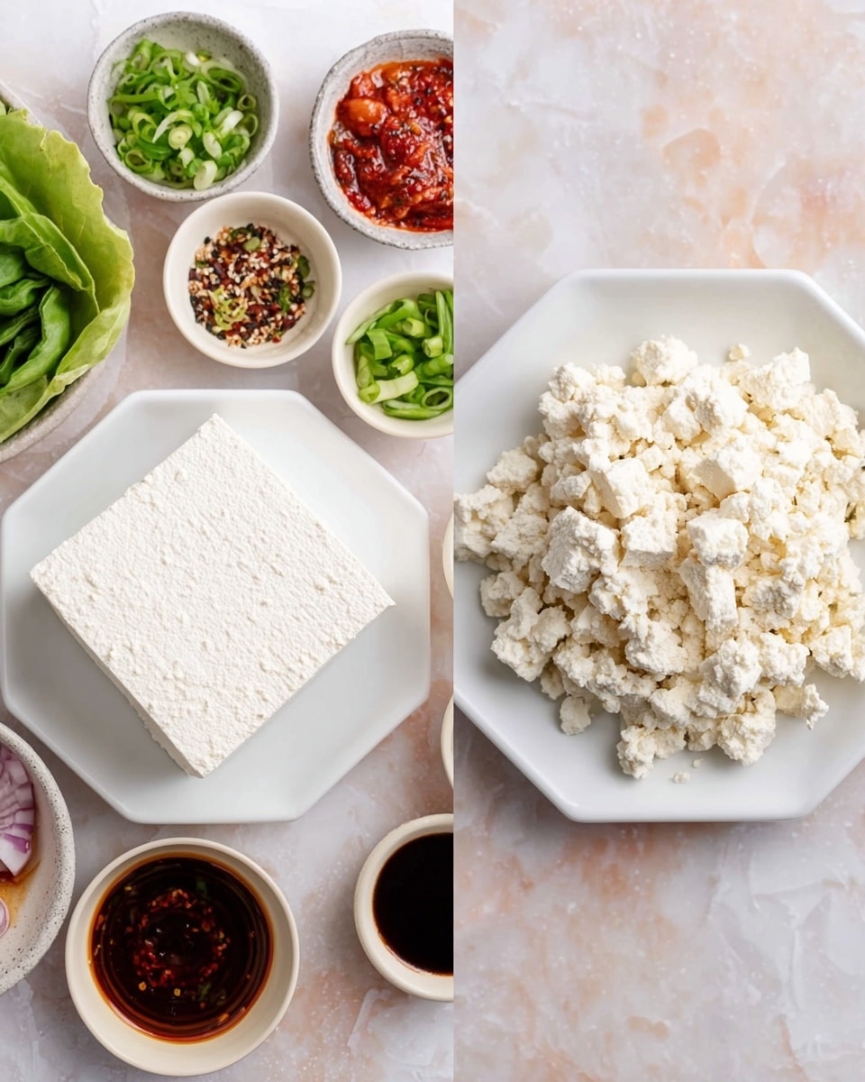 The image shows two parts side by side on a white marbled surface. On the left, there is a square white block with a smooth and slightly bumpy texture placed in the center of a white plate, surrounded by small bowls containing green leaves, chopped green onions, sauce, chili paste, and other ingredients. On the right, there is a white octagonal plate filled with crumbled white tofu that looks grainy and soft. The colors are soft whites and greens with hints of red and dark brown from the sauces. Photo taken with an iphone --ar 4:5 --v 7
