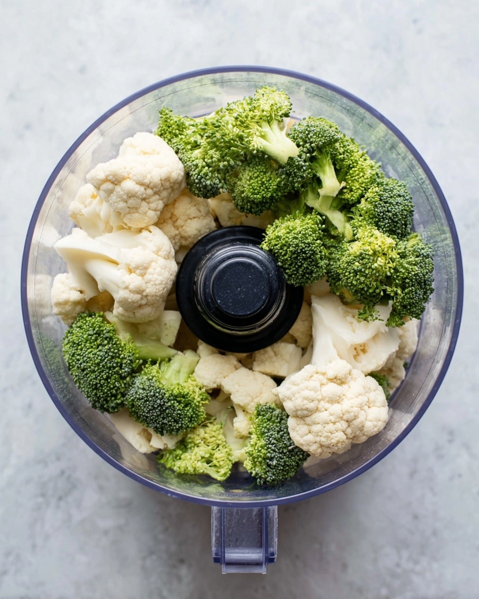 A clear food processor bowl sits on a white marbled surface, filled with an even mix of green broccoli florets and cream-colored cauliflower pieces. The broccoli, with its small, dense buds and short stems, contrasts with the larger, rounded cauliflower chunks that have a bumpy texture. Both vegetables are arranged loosely inside the transparent bowl, surrounding a central black blade fixture, creating a balanced visual of green and white natural textures. photo taken with an iphone --ar 4:5 --v 7