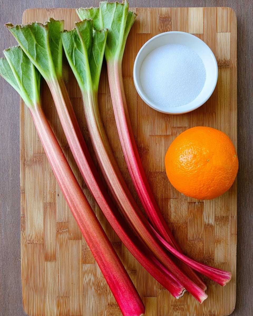 The image shows multiple pieces of cooked rhubarb in a shallow white dish, each piece cut into thick, short sections with a mix of pink, red, and light yellow colors and a soft, slightly fibrous texture. The rhubarb pieces are submerged in a pinkish liquid that looks like juice or syrup, with small bits of orange zest scattered across the surface, creating a bright and fresh look. The white marbled texture background complements the dish softly. photo taken with an iphone --ar 4:5 --v 7