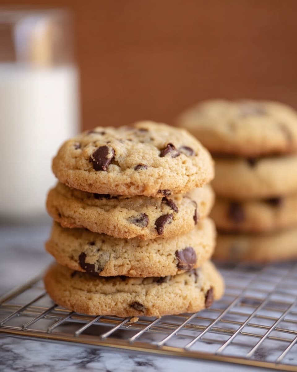 A stack of four golden brown chocolate chip cookies sits centered on a cooling rack, each cookie showing a soft texture with dark chocolate chips spread throughout. Behind the stack, there is another smaller stack of similar cookies slightly out of focus and to the right. In the background, to the left of the cookies, there is a glass of milk partially visible. The entire scene rests on a white marbled surface with a warm brown background creating a cozy atmosphere. photo taken with an iphone --ar 4:5 --v 7