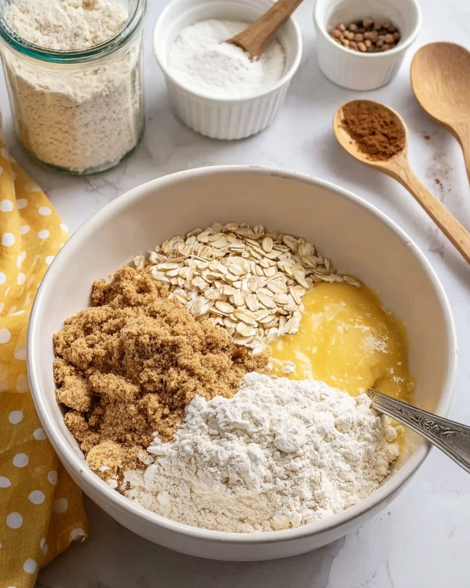 A white bowl on a white marbled surface holds mixture ingredients layered separately; at the bottom, there is a wet yellow layer likely egg, topped with a large mound of light brown sugar on the left, a pile of pale rolled oats on the top left, a heap of white flour with a fine texture on the right, and some small dark brown crumbs near the center. A metal spoon is partly under the flour on the right, angled toward the inside of the bowl. In the background, there is a glass jar filled with white powder, a small white bowl with a dark brown substance and a small white bowl with ground spices, along with wooden spoons and a yellow polka-dot cloth. Photo taken with an iphone --ar 4:5 --v 7