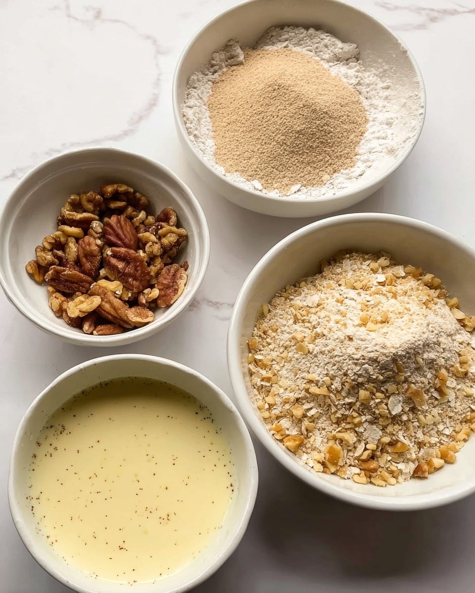 The image shows four white bowls set on a white marbled surface, each containing a different baking ingredient. The first bowl in the foreground is filled with a creamy, pale yellow liquid with tiny dark specks. To its right, a bowl holds a mix of light beige flour and chopped nuts, creating a textured mound with visible small pieces. Behind this bowl, another one contains a light brown powder, smooth and fine. The last bowl, to the left and slightly behind the creamy liquid, contains roughly chopped brown nuts and a cluster of darker brown sugar or spice pieces. The setup is simple and clean, focusing on the ingredients in neat, white bowls photo taken with an iphone --ar 4:5 --v 7