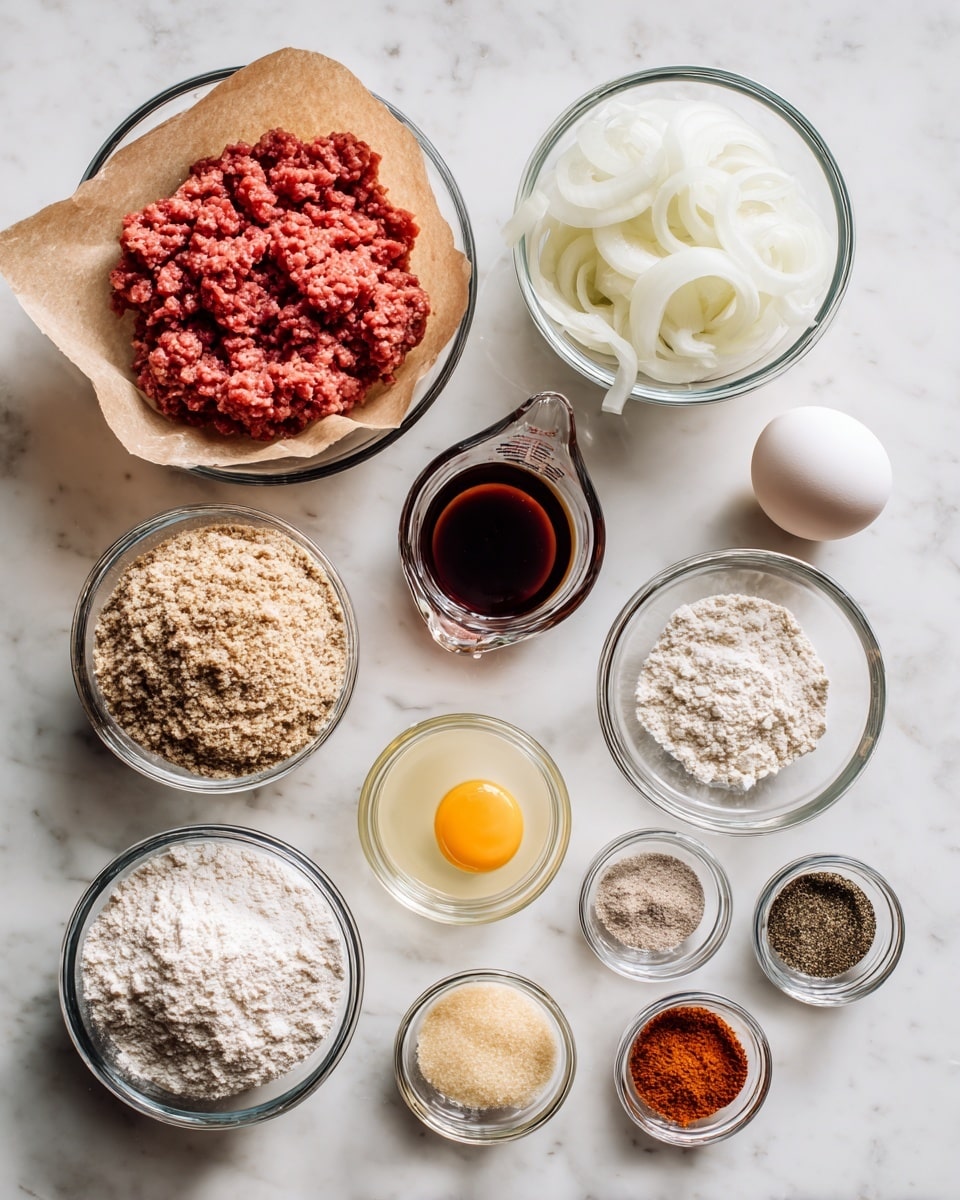 The image shows a white marbled surface with 12 clear glass bowls and one clear measuring cup arranged neatly in three rows. At the top left, there is a bowl lined with brown parchment paper filled with raw red ground meat. To its right is a bowl with white sliced onions, next to that is a single white egg and a measuring cup filled with dark brown liquid. Below the meat, there is a bowl of light brown breadcrumbs, next to it a bowl of white flour, then a small bowl with a light yellow liquid, and another with a beige powder. In the bottom row, there are five small bowls containing (from left to right) a creamy powder, pale yellow powder, black pepper, dark brown sauce, and two bowls each with reddish-orange spice. All bowls are close together and well lit by natural light. Photo taken with an iphone --ar 4:5 --v 7