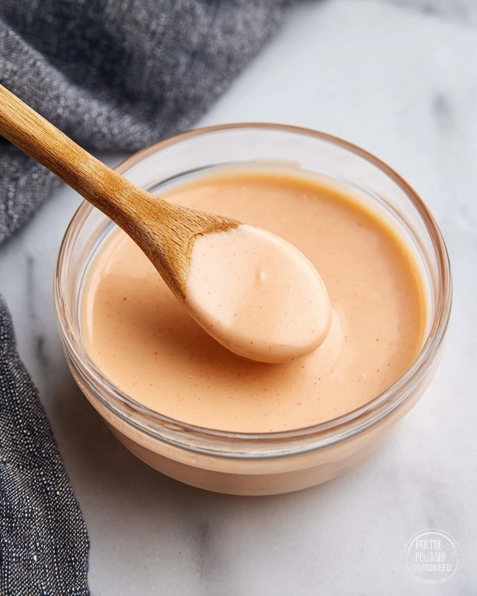 A clear glass bowl sits centered on a white marbled surface, filled with a smooth, creamy sauce of soft peach color with tiny specks throughout. A wooden spoon with a light brown grain dips into the sauce from the right side, partially lifted with sauce coating its tip, showing a thick and silky texture. The top left corner has a folded dark gray cloth with a woven pattern. The scene is clean and softly lit, highlighting the sauce’s shiny, even surface. Photo taken with an iphone --ar 4:5 --v 7