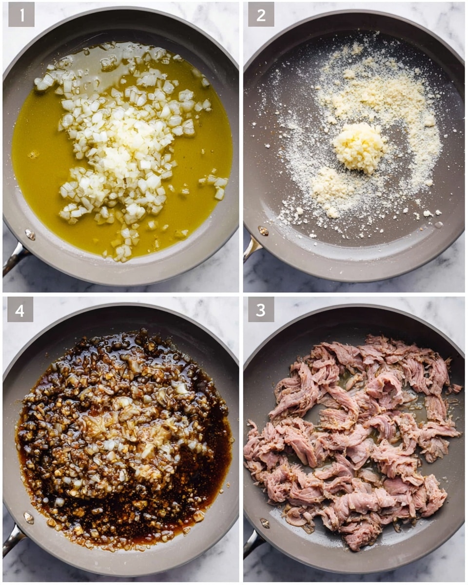 The image shows four steps of cooking in a gray pan placed on a white marbled surface. The first part has a layer of light yellow oil at the bottom, topped with white finely chopped onions with a small pile of minced garlic in the center. The second part shows the onions lightly browned and scattered with white flour sprinkled unevenly. In the third part, the pan contains a dark brown sauce mixed with finely chopped onions and bits of garlic, filling the entire bottom of the pan. The last part shows thin slices of pinkish-brown cooked meat spread over the dark sauce and onions at the pan's base, with the meat's texture soft and slightly curled. Photo taken with an iphone --ar 4:5 --v 7