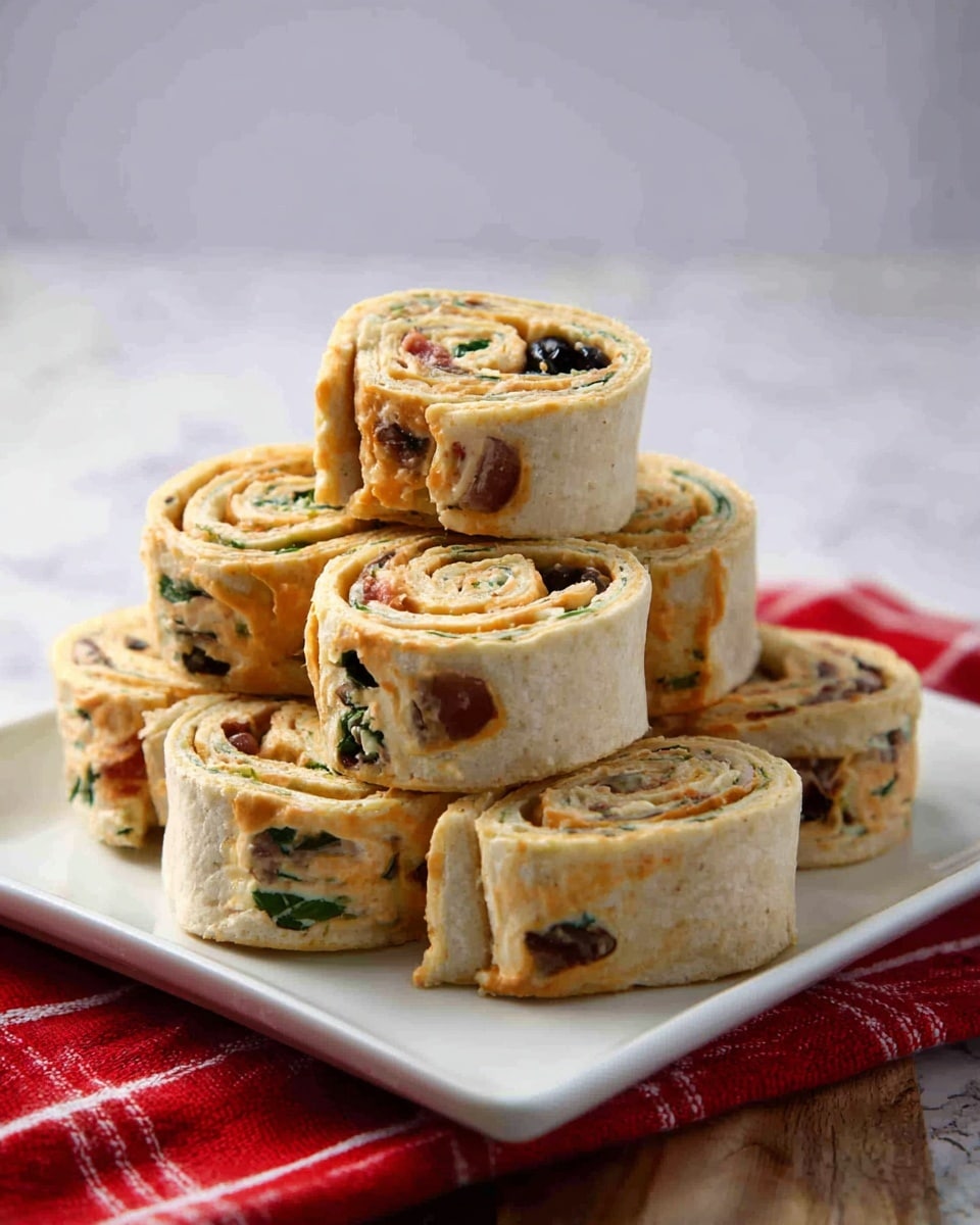 A pyramid stack of rolled tortilla pinwheels placed on a white square plate on top of a red and white checkered cloth, each pinwheel cut to show three visible layers inside: a light beige outer tortilla, a middle layer of orange spread mixed with small dark olive pieces, and an inner layer of creamy filling with green herb bits; the background has a soft white marbled texture. photo taken with an iphone --ar 4:5 --v 7