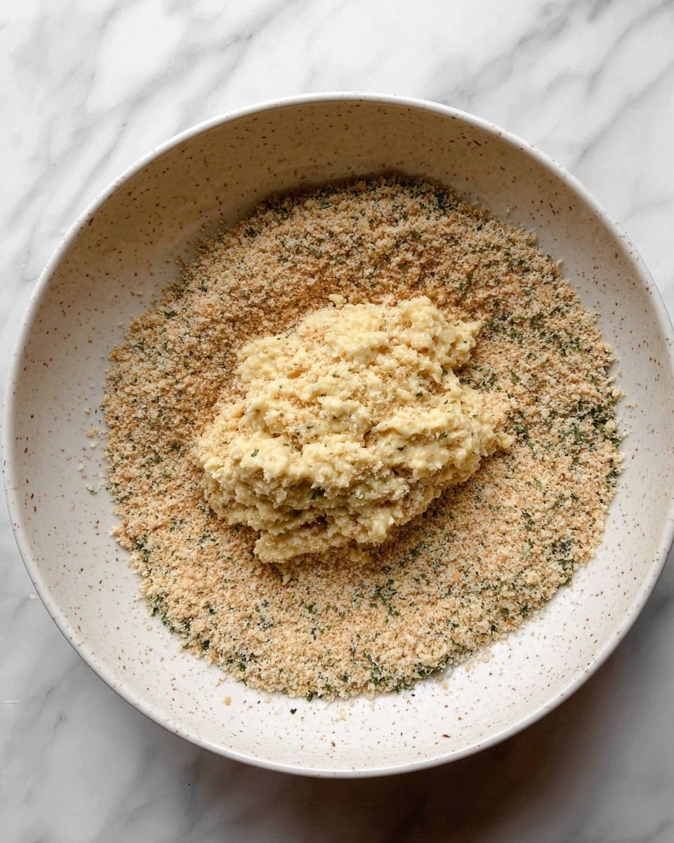 A white bowl sits on a white marbled surface, filled with several layers of ingredients for mixing. At the bottom, there is a coarse, light beige mashed texture. On one side, a mound of fine white flour rests beside a sprinkle of salt and pepper. There is also a layer of golden brown sugar or seasoning on one side. A golden liquid is being poured into the bowl from a clear glass pitcher held by a woman's hand in the lower left corner. A wooden spoon with some flour dust on it lies inside the bowl on the right side. The scene is bright with natural light highlighting the textures and colors. photo taken with an iphone --ar 4:5 --v 7