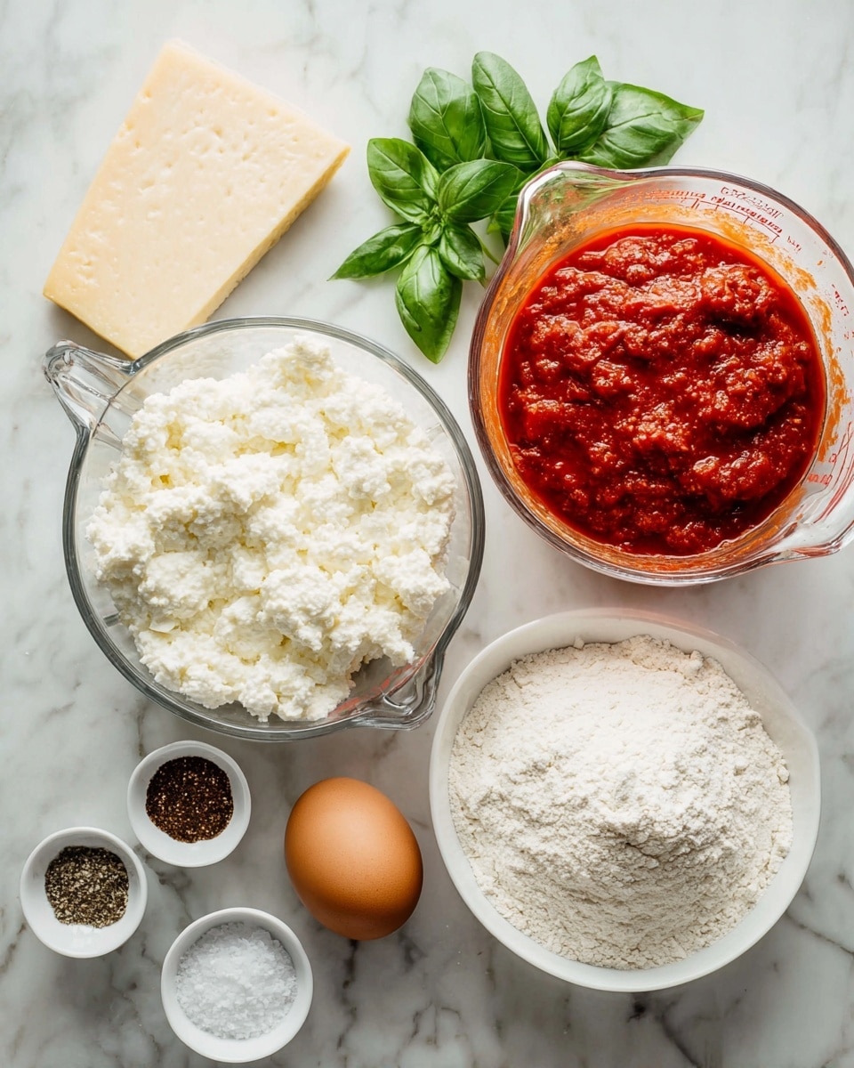 The image shows several cooking ingredients arranged neatly on a white marbled surface. In the center, there is a clear glass measuring cup filled with white cottage cheese that looks soft and lumpy. To the right of it, a white bowl holds a pile of fine white flour with a slightly powdery texture. Next to it sits a single brown egg with a smooth shell. Toward the top right, a large clear glass measuring cup contains chunky red tomato sauce with visible pieces of tomato and herbs. On the top left, a wedge of pale yellow cheese with a slightly crumbly texture is placed beside fresh green basil leaves, their smooth surfaces shining. Near the bottom left, two small white bowls contain spices: one has dark brown ground spices, and the other has a mix of white salt and black pepper granules. The whole setting has bright natural light, showing the textures and colors clearly. Photo taken with an iphone --ar 4:5 --v 7