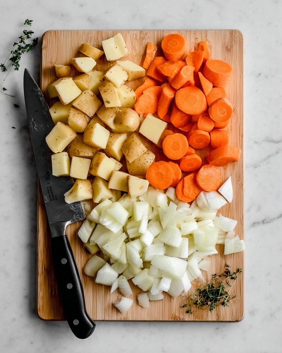 A light wooden cutting board sits on a white marbled surface, filled with three layers of chopped vegetables arranged side by side: cubed light brown potatoes with skin on the left, round slices of bright orange carrots in the middle, and white onion pieces on the right. A large black-handled knife rests on the board beneath the potatoes, pointing to the left. Small green herb sprigs are scattered near the top right and bottom left of the board. Photo taken with an iphone --ar 4:5 --v 7