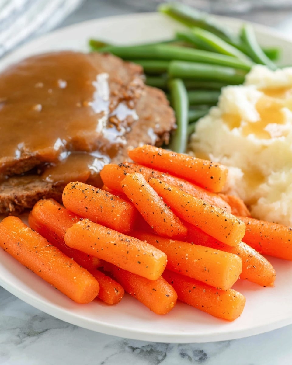 The image shows a white plate on a white marbled surface filled with four main sections. In the front is a pile of bright orange baby carrots sprinkled with black pepper, smooth and slightly shiny. Behind the carrots, on the left side, there are several layers of brown meat with a thick layer of brown gravy on top, looking moist and rich. To the right of the meat, there is a small portion of green beans, which are bright green and firm. Next to the green beans, at the top right corner, there is a small serving of mashed potatoes with white gravy on top, creamy and soft in texture. photo taken with an iphone --ar 4:5 --v 7