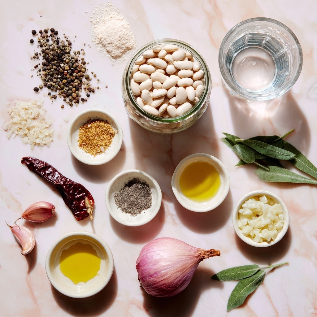 The image shows ingredients arranged on a white marbled surface with a light pink background. In the center, there is a clear glass jar filled with white dried beans. Around the jar, small white bowls hold different ingredients: one with white baking soda powder, one with mixed black and white pepper, another with coarse white salt, one with golden olive oil, and a final bowl with pale yellow vinegar. To the right, there is a clear glass filled with water. Fresh garlic cloves and minced garlic sit in a small white bowl, next to three small shallots with their purplish skin. Green fresh sage and two dried bay leaves lie near a long dried dark red chile pepper, adding natural earthy tones. The ingredients are neatly spaced, showing a mix of colors and textures from the dry beans, fresh herbs, and liquid seasonings. photo taken with an iphone --ar 4:5 --v 7