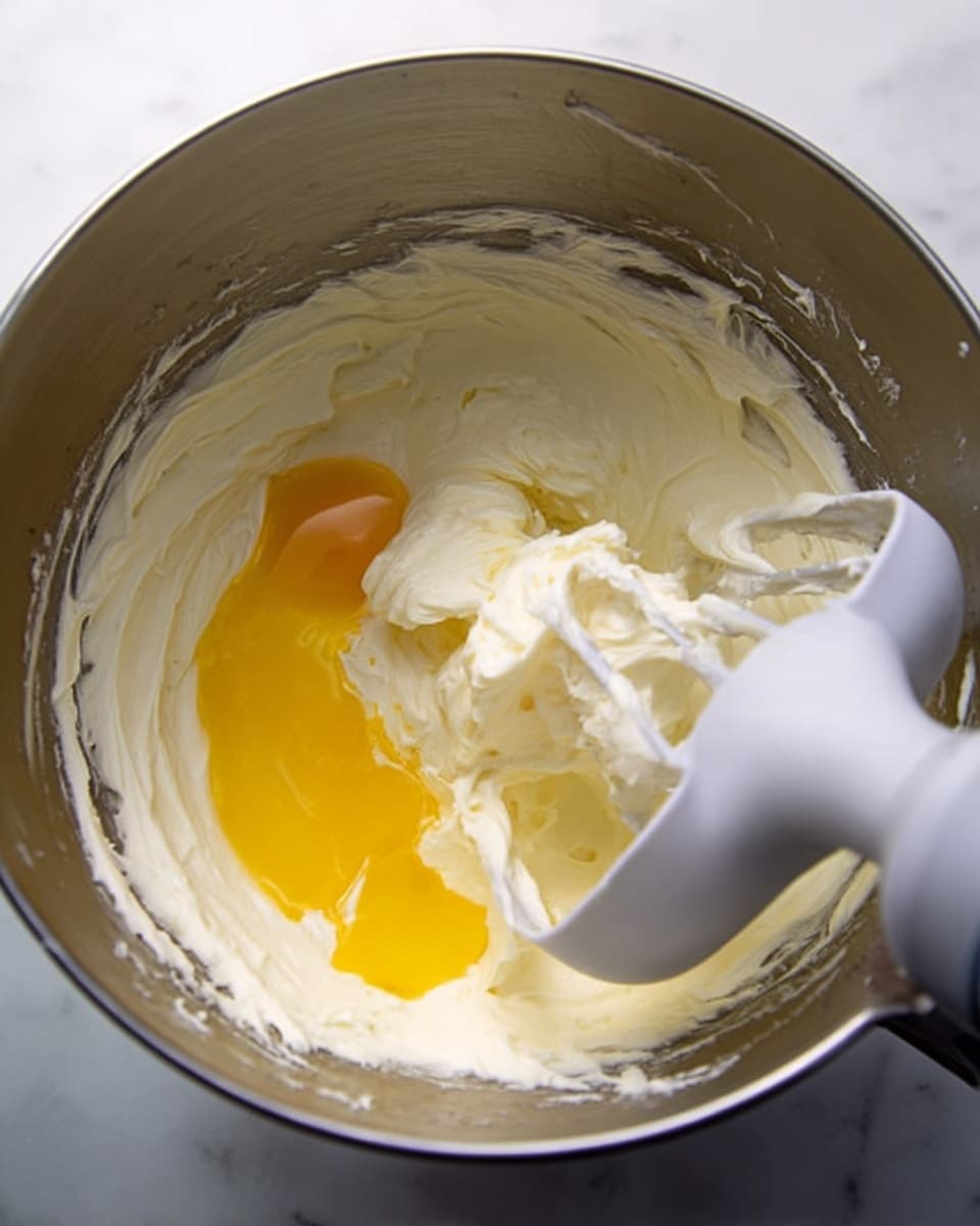 A close-up view inside a metallic mixing bowl shows a creamy, thick white mixture with smooth texture spread around the sides and bottom. In the center, there is a bright yellow liquid pool, glossy and slightly thick, partially covered by the white cream. A white plastic mixing paddle is partly dipped into the mixture, with some cream stuck on it. The bowl rests on a white marbled surface. photo taken with an iphone --ar 4:5 --v 7