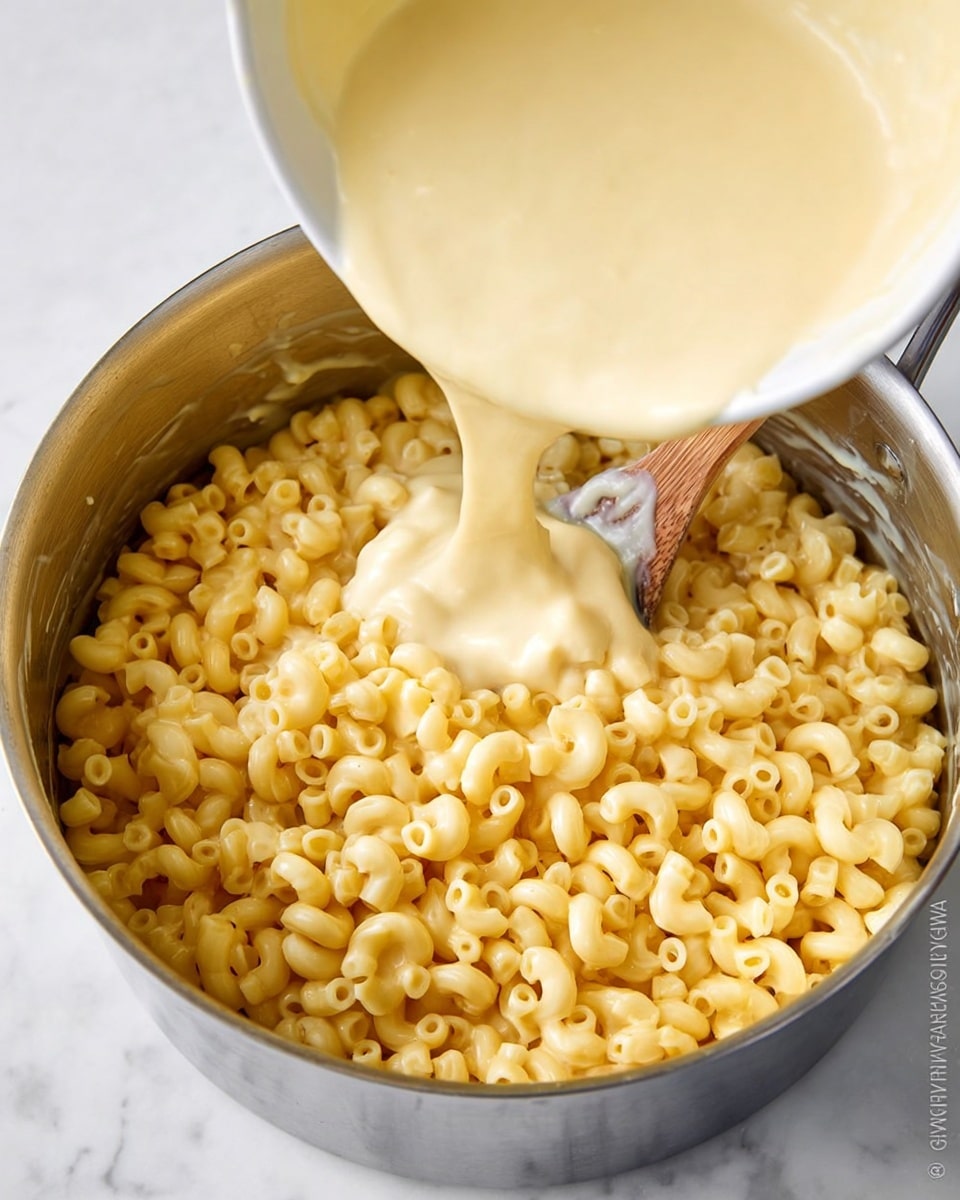 A large steel pot filled with cooked elbow macaroni pasta, which is light yellow and looks soft, sits on a white marbled surface, while a creamy cheese sauce, thick and pale yellow, is being poured over the pasta from a white bowl held above the pot; a wooden spoon is partially visible inside the pot, helping to mix the sauce and pasta together. photo taken with an iphone --ar 4:5 --v 7